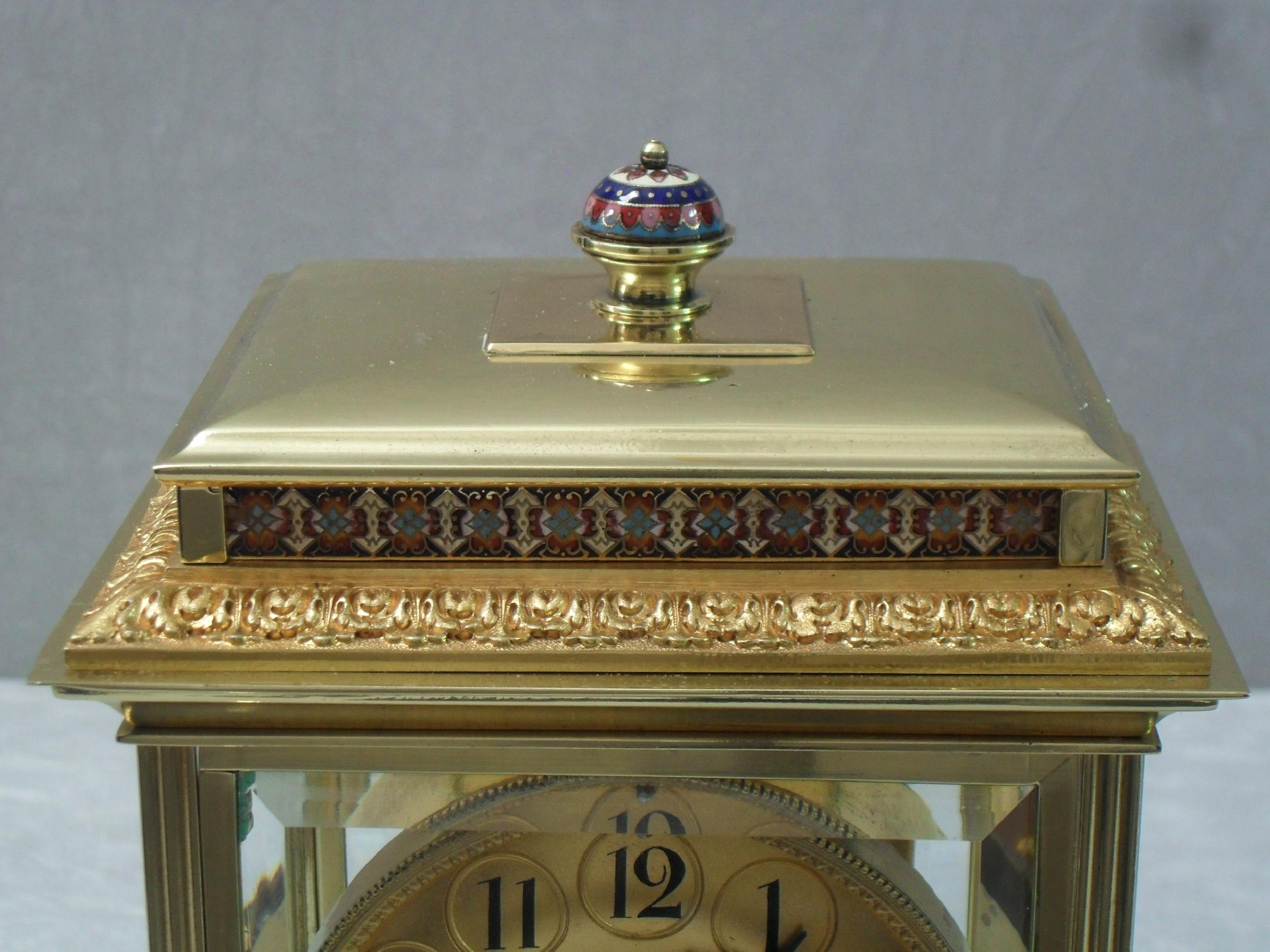 19th Century French Napoleon III Brass Four Glass and Champleve Mantel Clock