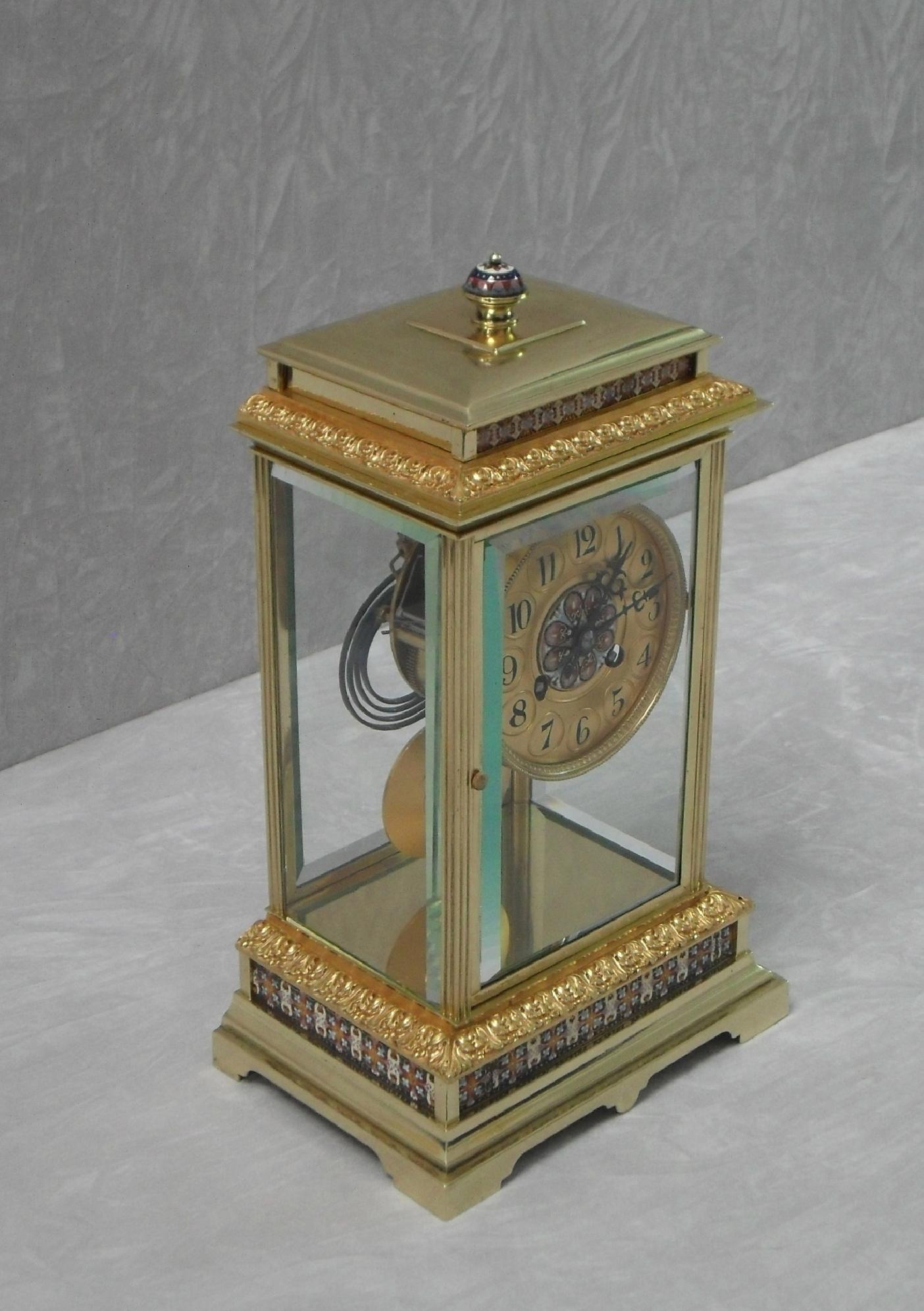 French Napoleon III Brass Four Glass and Champleve Mantel Clock 2