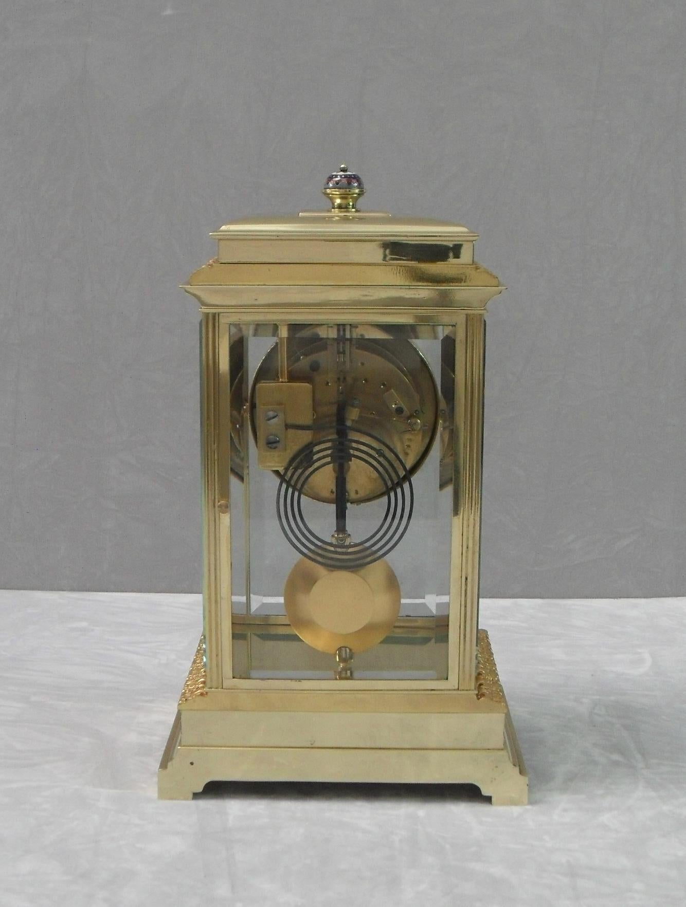 French Napoleon III Brass Four Glass and Champleve Mantel Clock 4