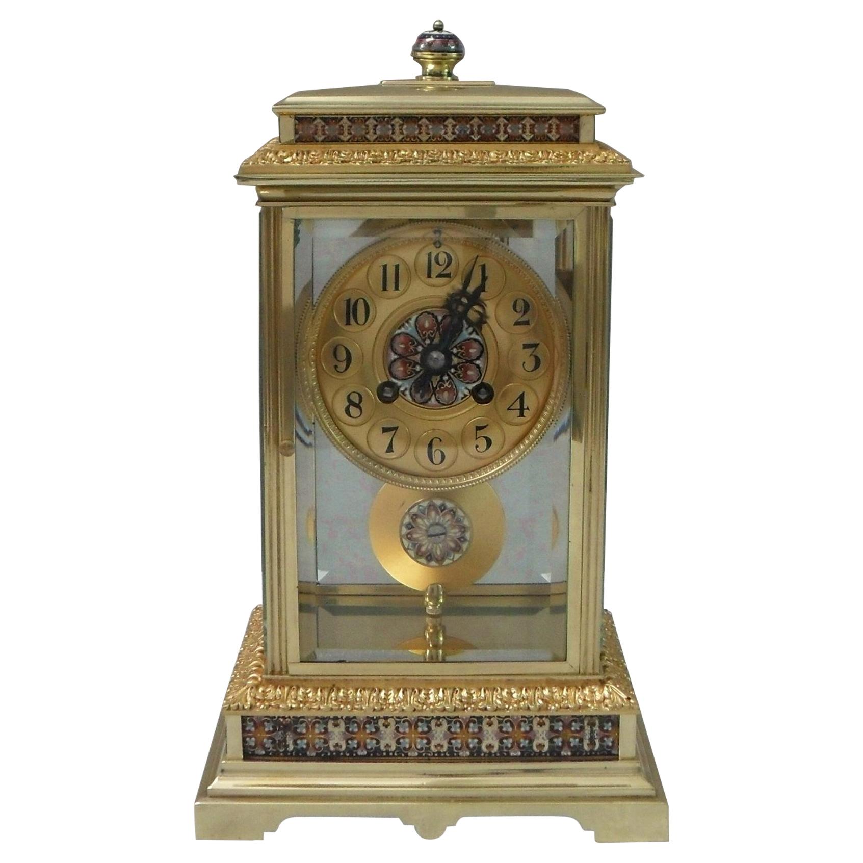French Napoleon III Brass Four Glass and Champleve Mantel Clock