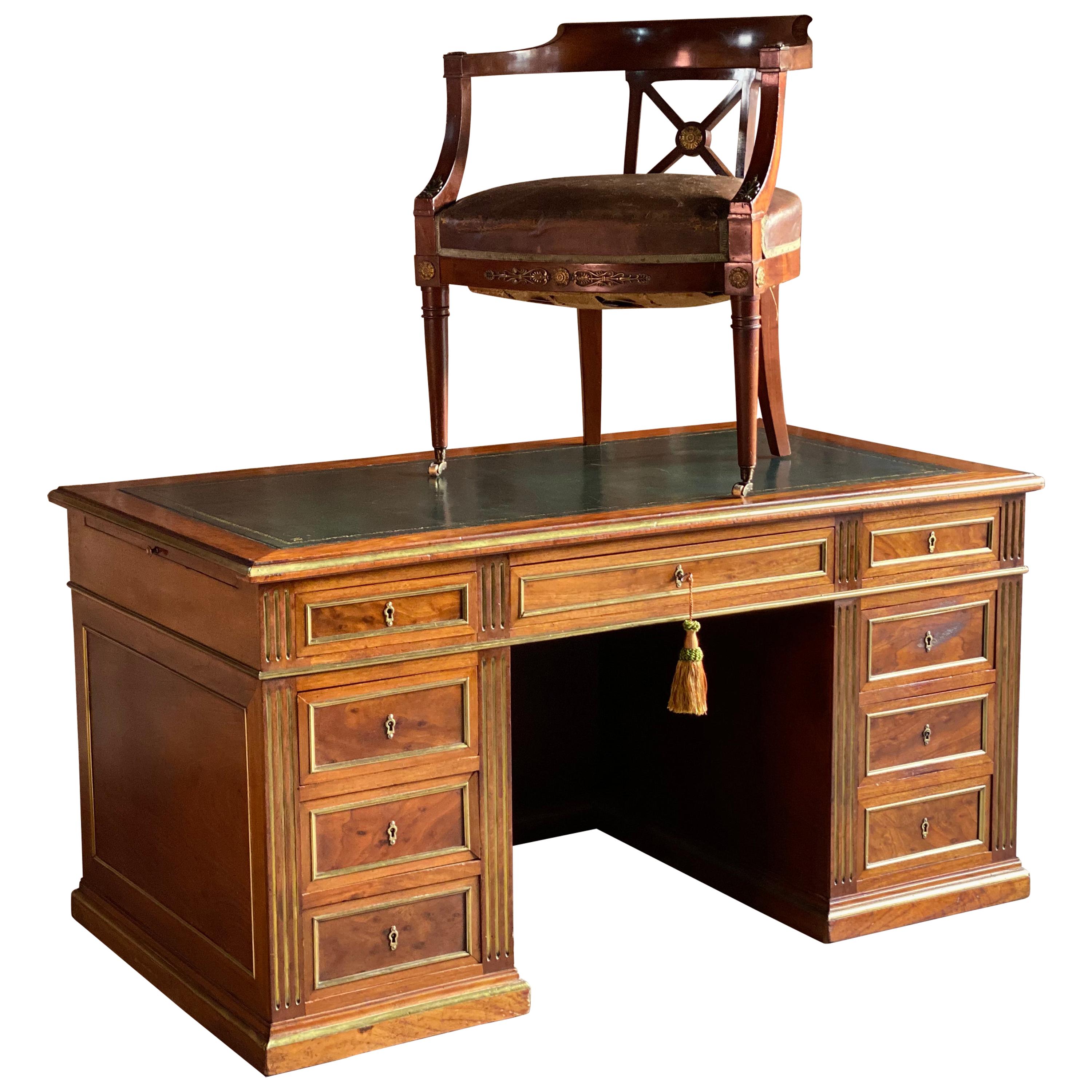French Napoleon III Brass Mounted Plum Pudding Desk and Chair, circa 1890