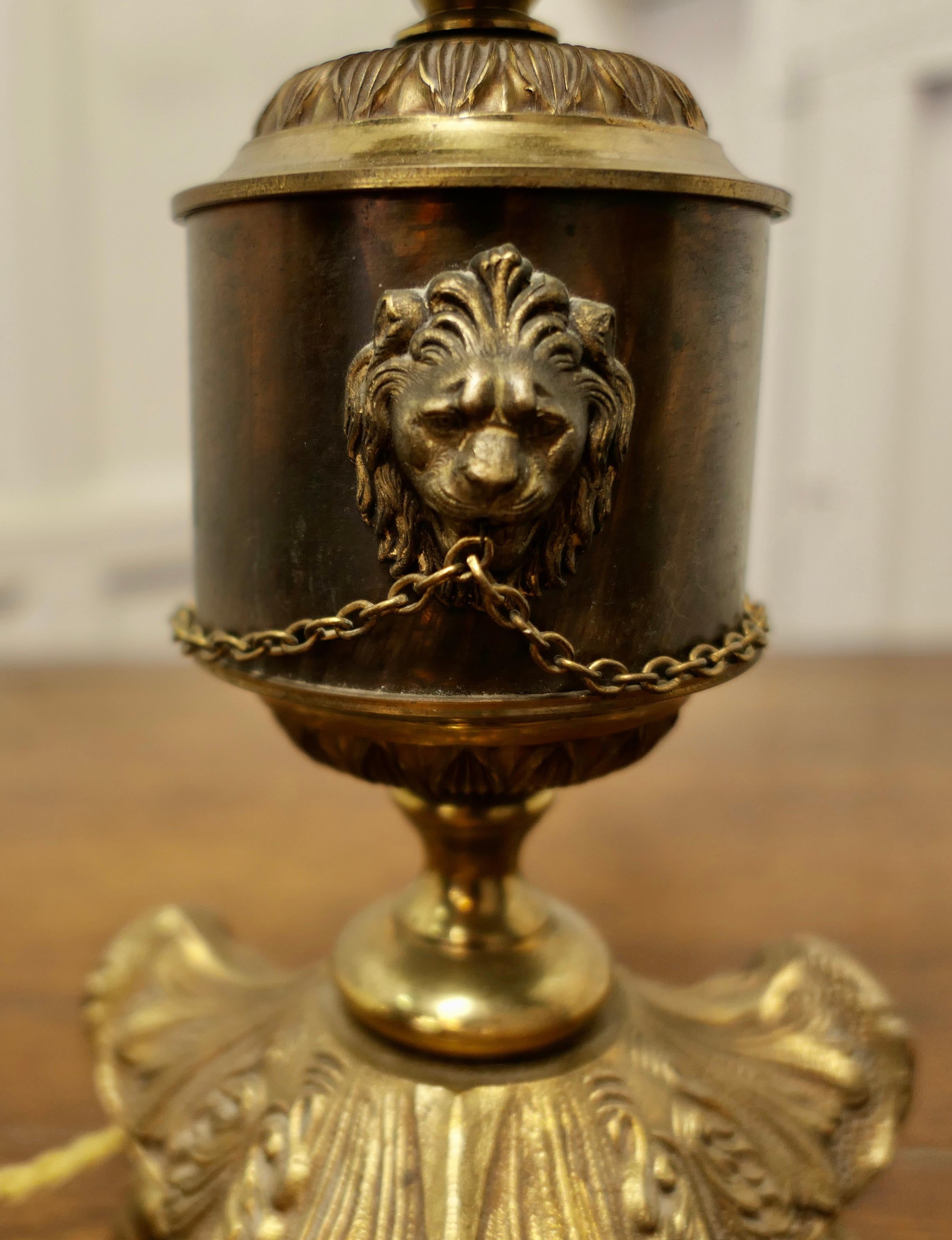 19th Century French Napoleon III Brass Oil Lamp Decorated with Lions and Chains  For Sale