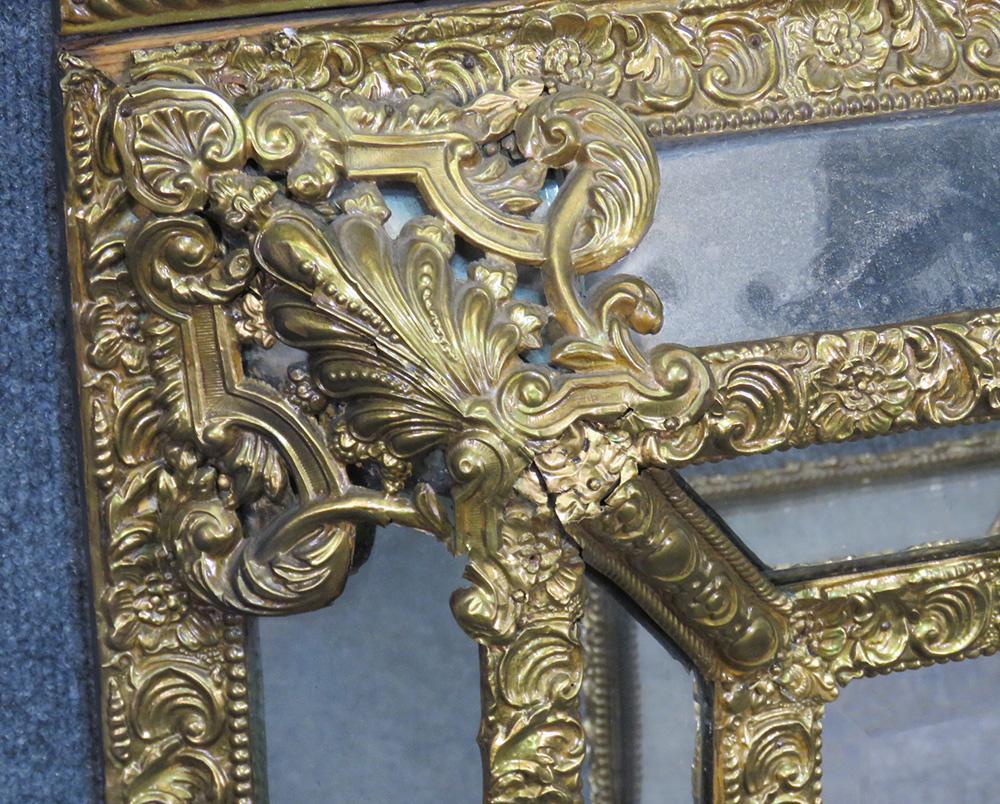 French Napoleon III Style Brass Repousee Cushion Mirror, circa 1920 In Good Condition In Swedesboro, NJ