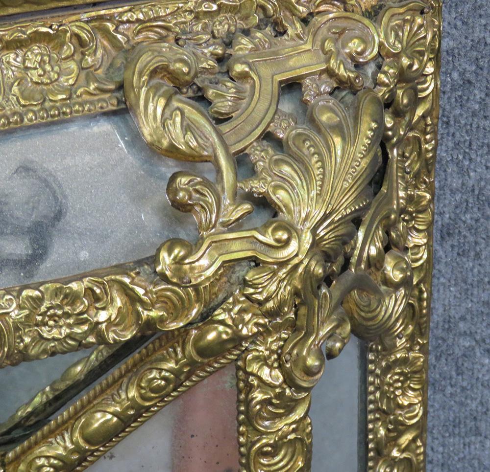 French Napoleon III Style Brass Repousee Cushion Mirror, circa 1920 1
