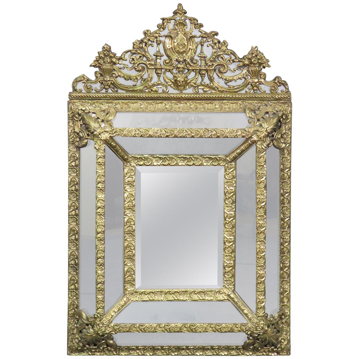 French Napoleon III Style Brass Repousee Cushion Mirror, circa 1920