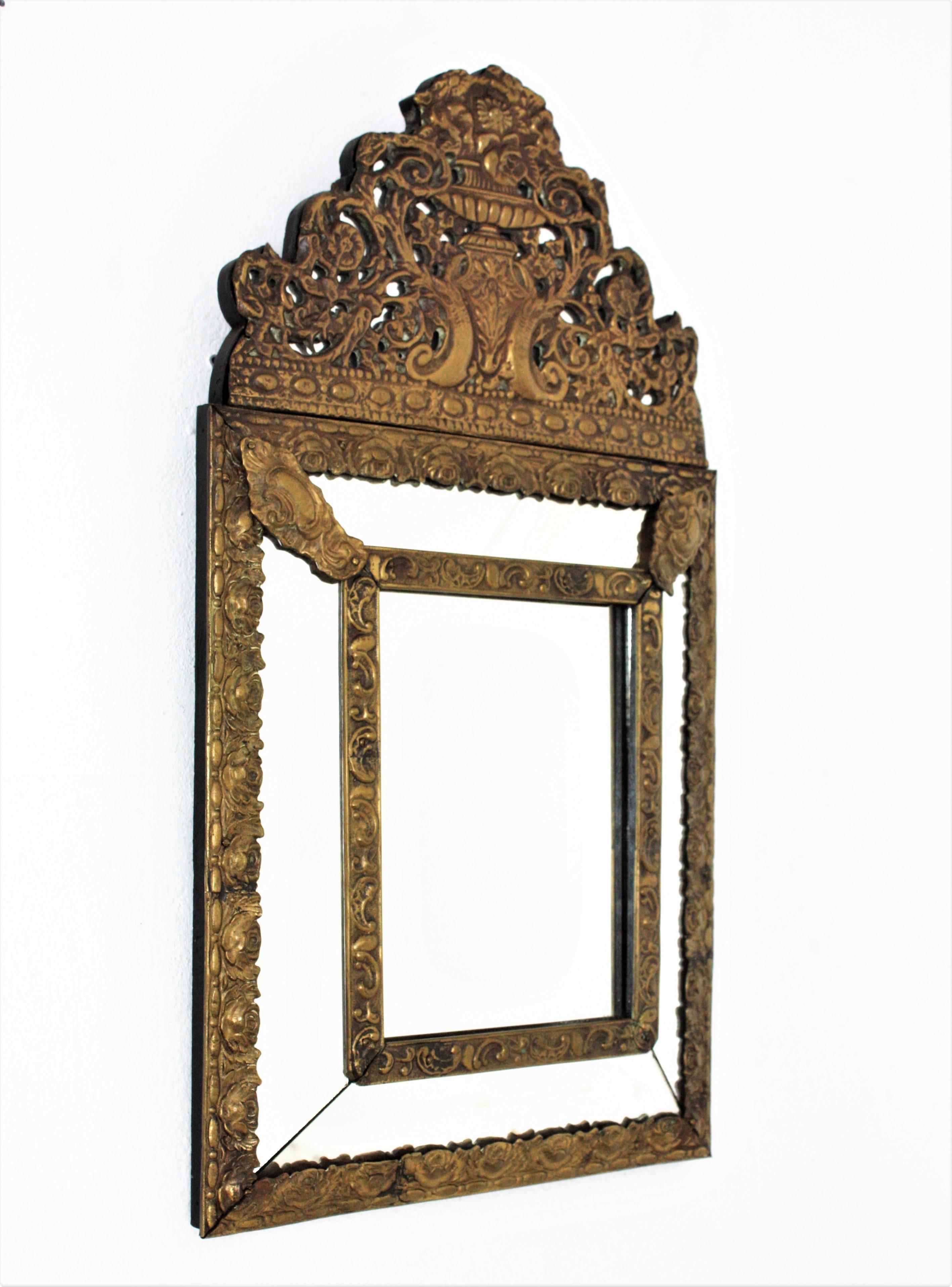 Repoussé French Napoleon III Brass Repousse Glass Mirror For Sale