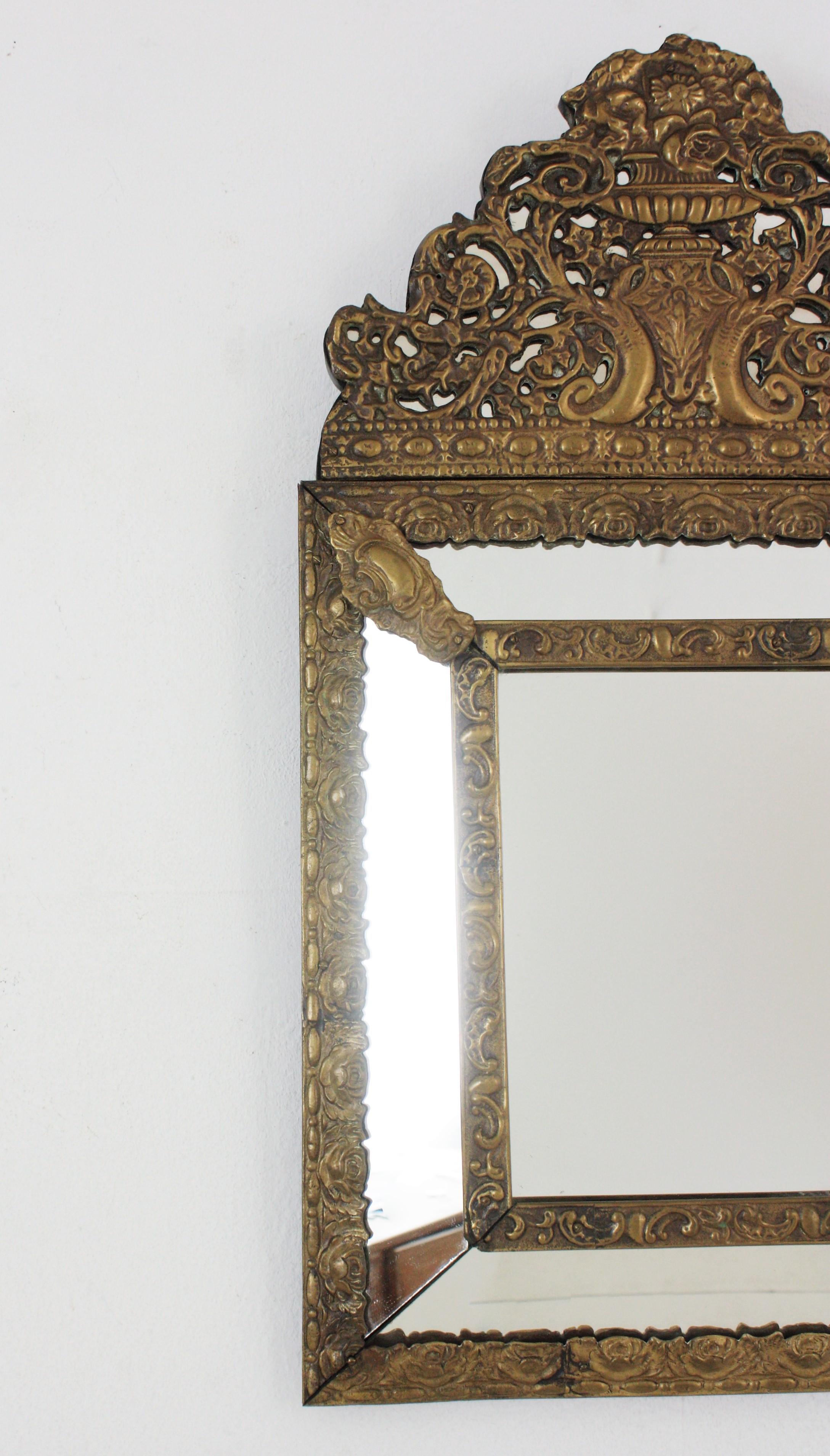 19th Century French Napoleon III Brass Repousse Glass Mirror For Sale