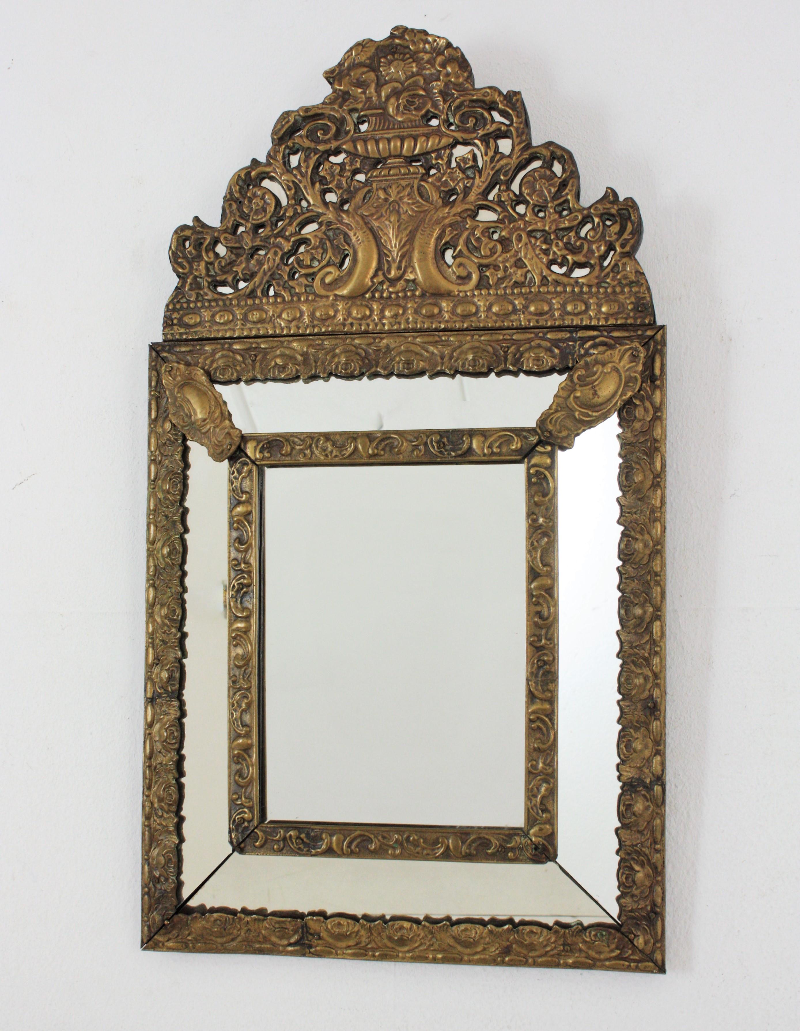 French Napoleon III Brass Repousse Glass Mirror For Sale 2