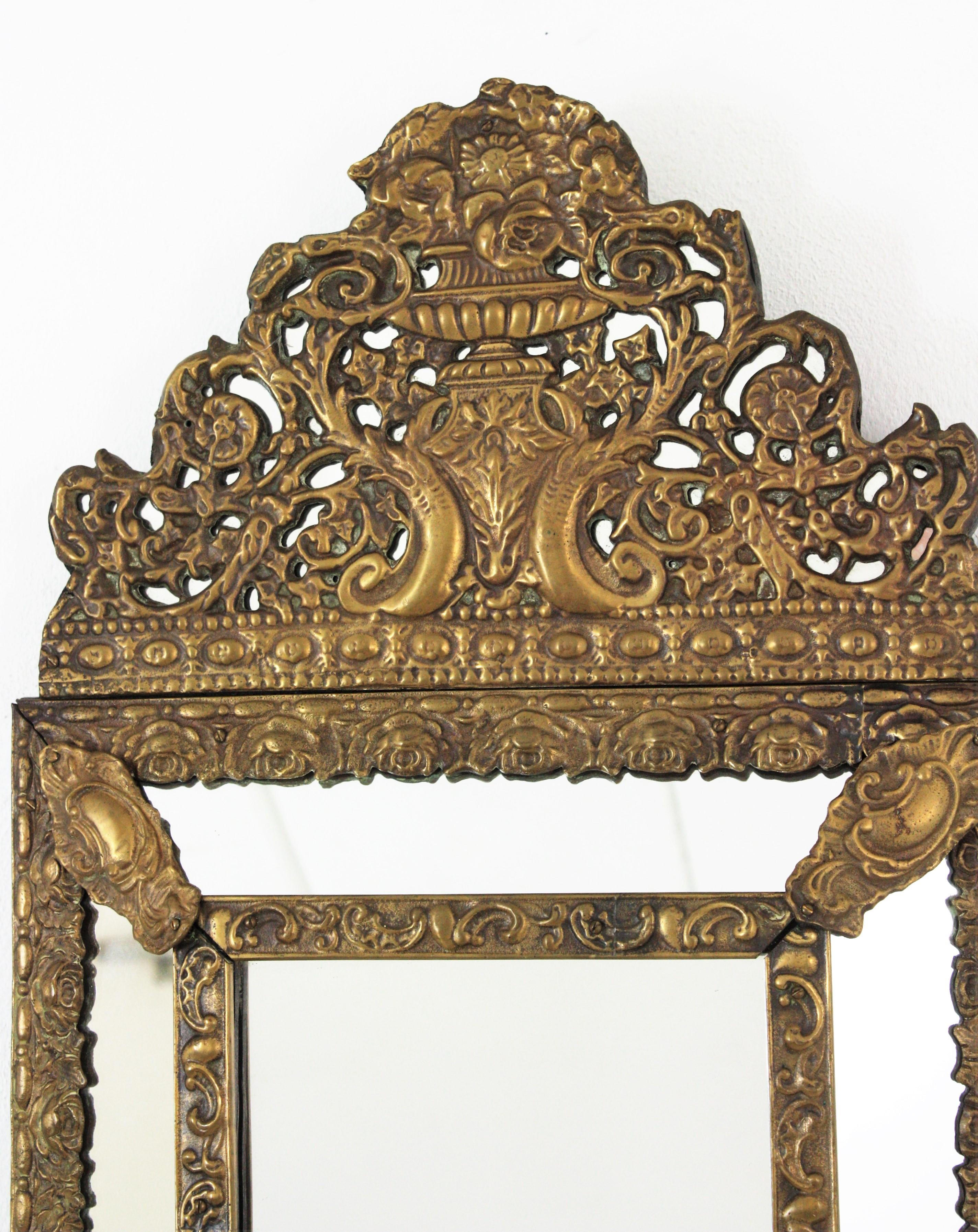 French Napoleon III Brass Repousse Glass Mirror For Sale 3