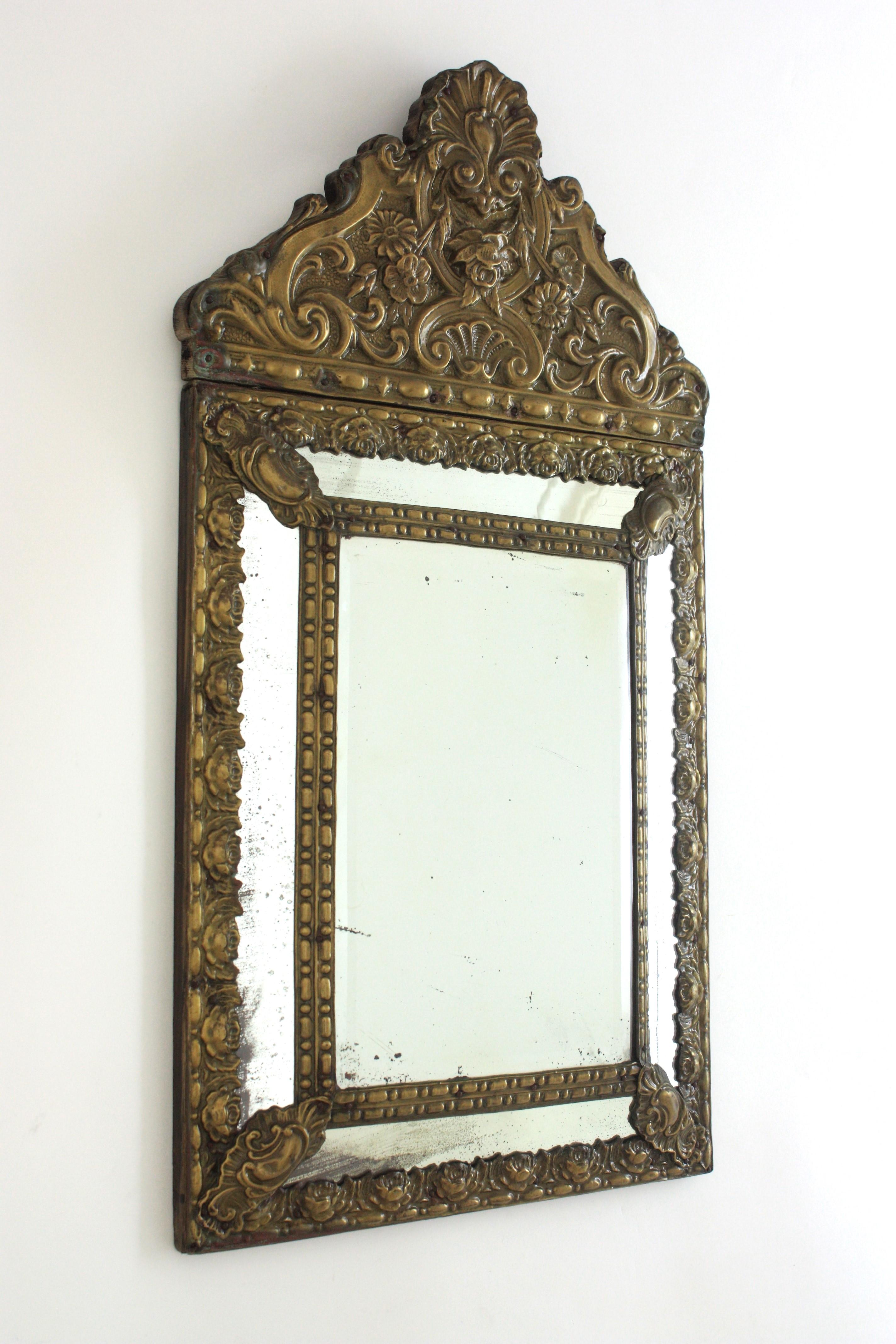 20th Century French Napoleon III Brass Repousse Mirror with Beveled Glass For Sale
