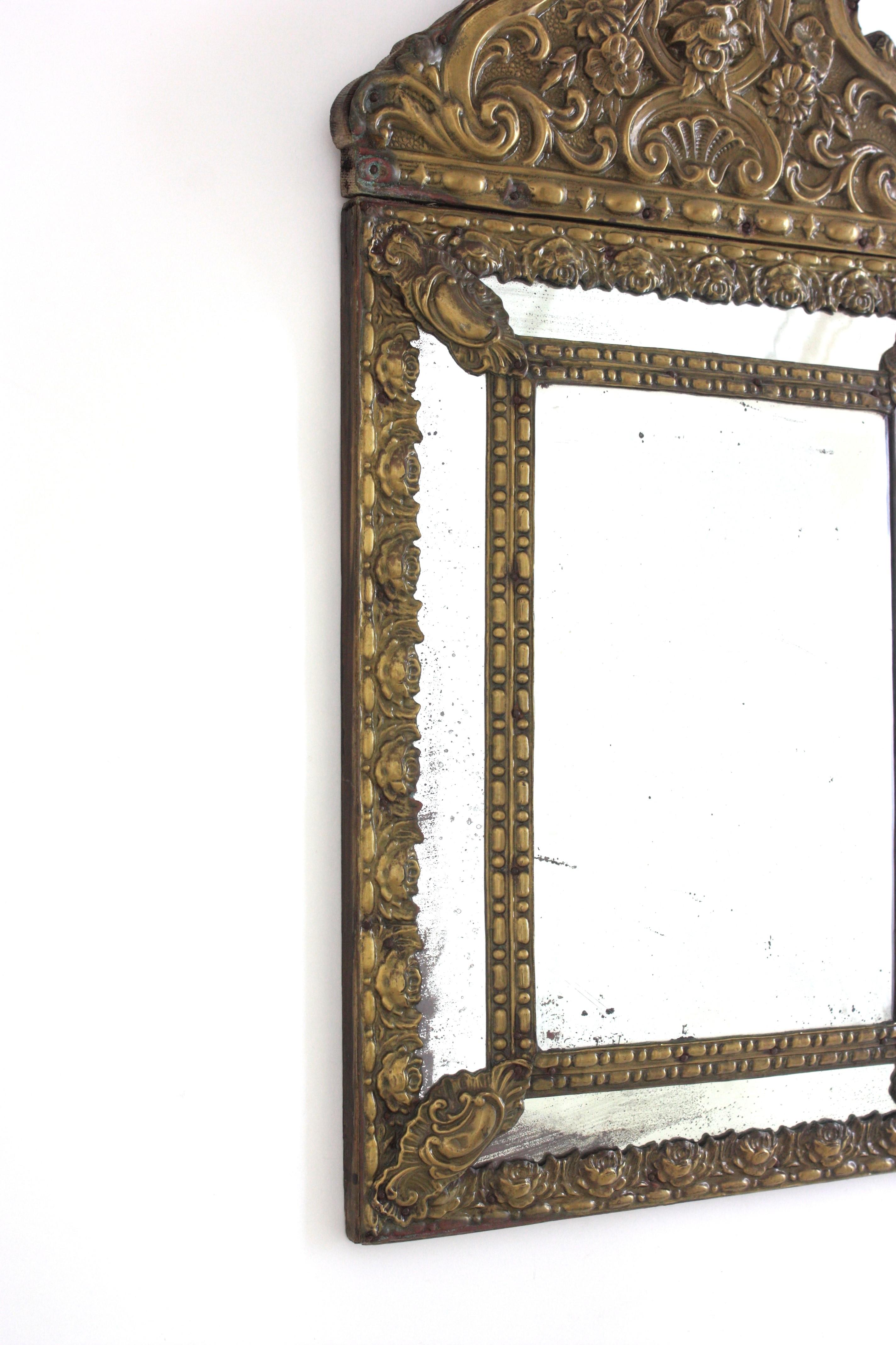 Wood French Napoleon III Brass Repousse Mirror with Beveled Glass For Sale