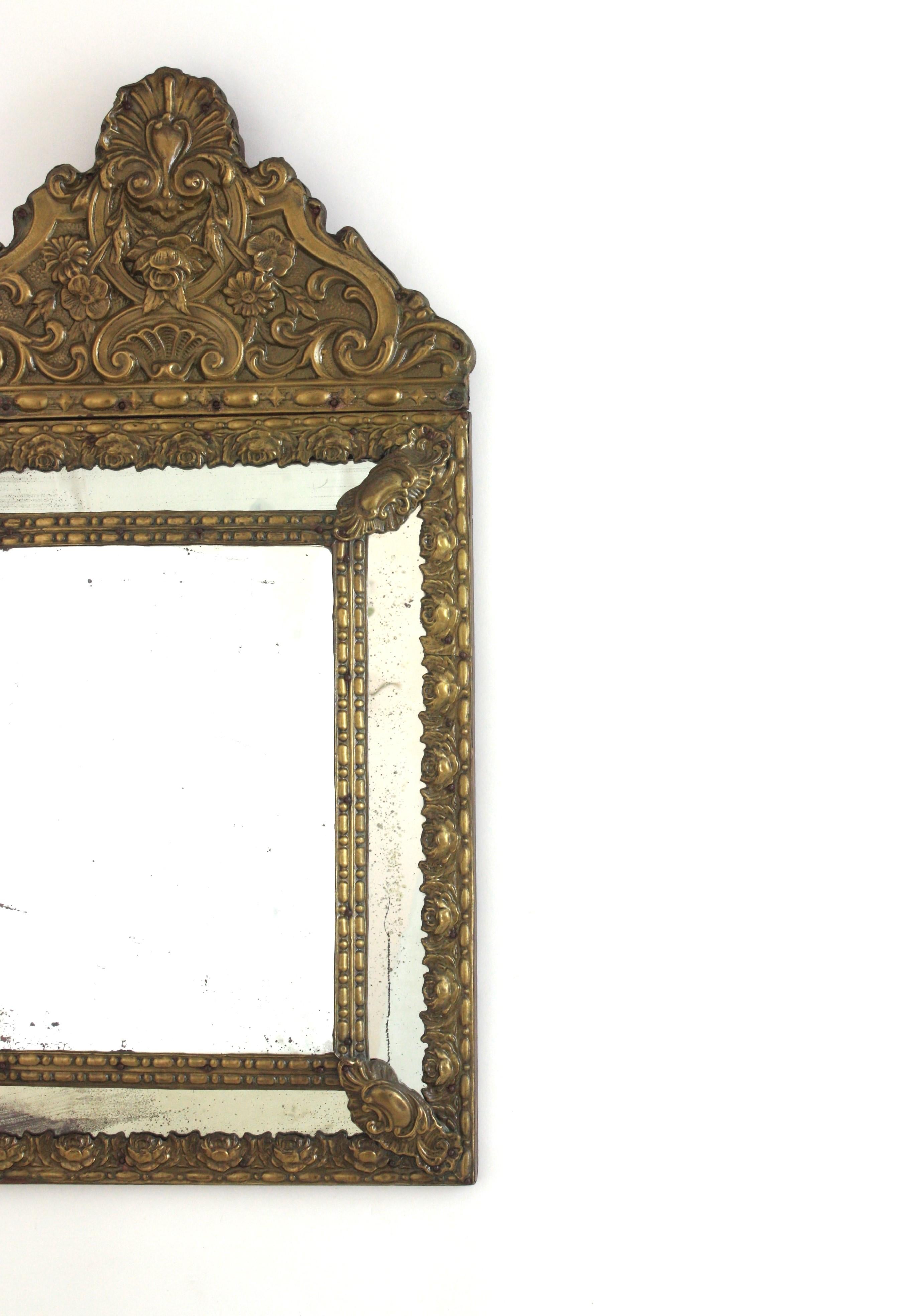 French Napoleon III Brass Repousse Mirror with Beveled Glass For Sale 2