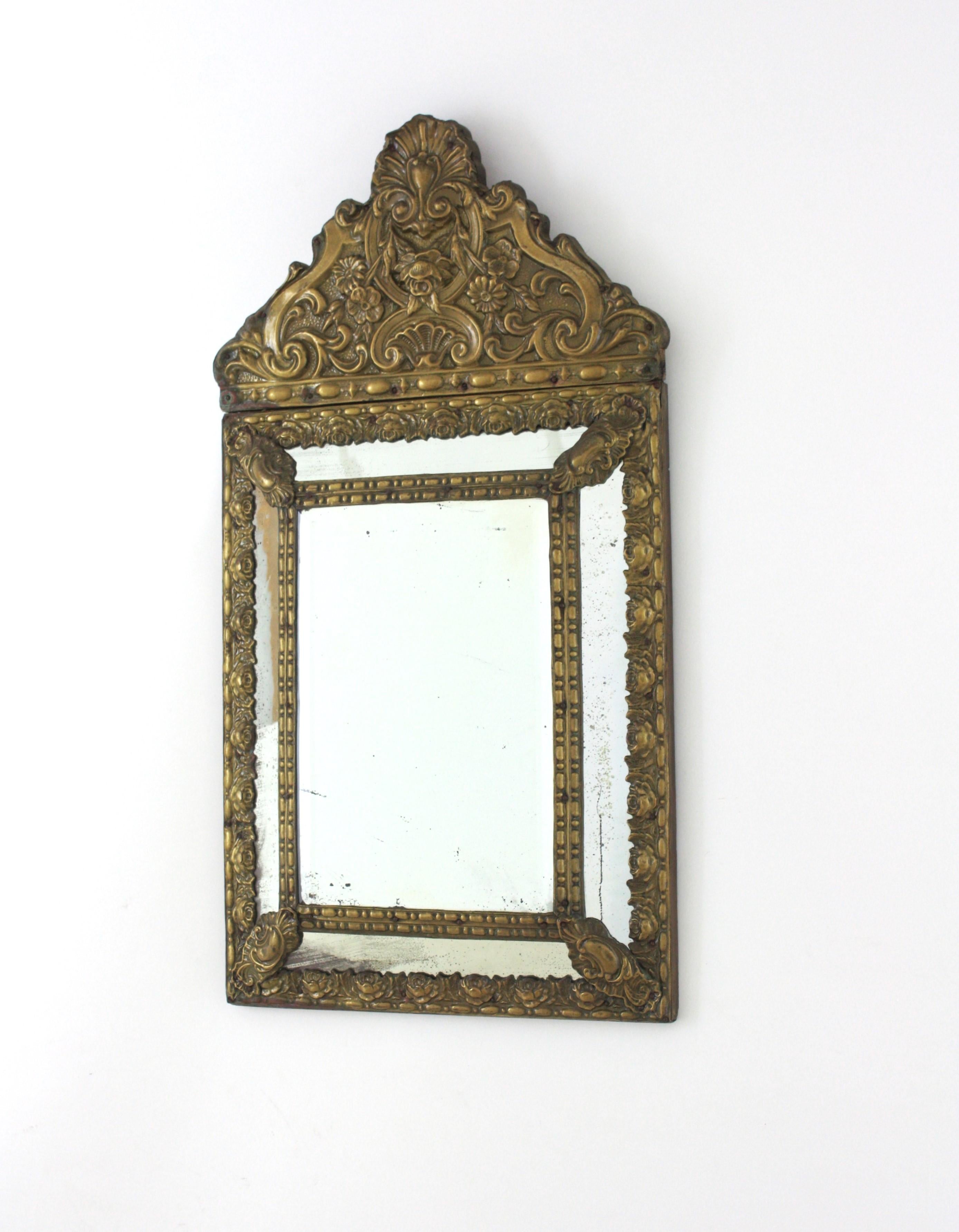 French Napoleon III Brass Repousse Mirror with Beveled Glass For Sale 4