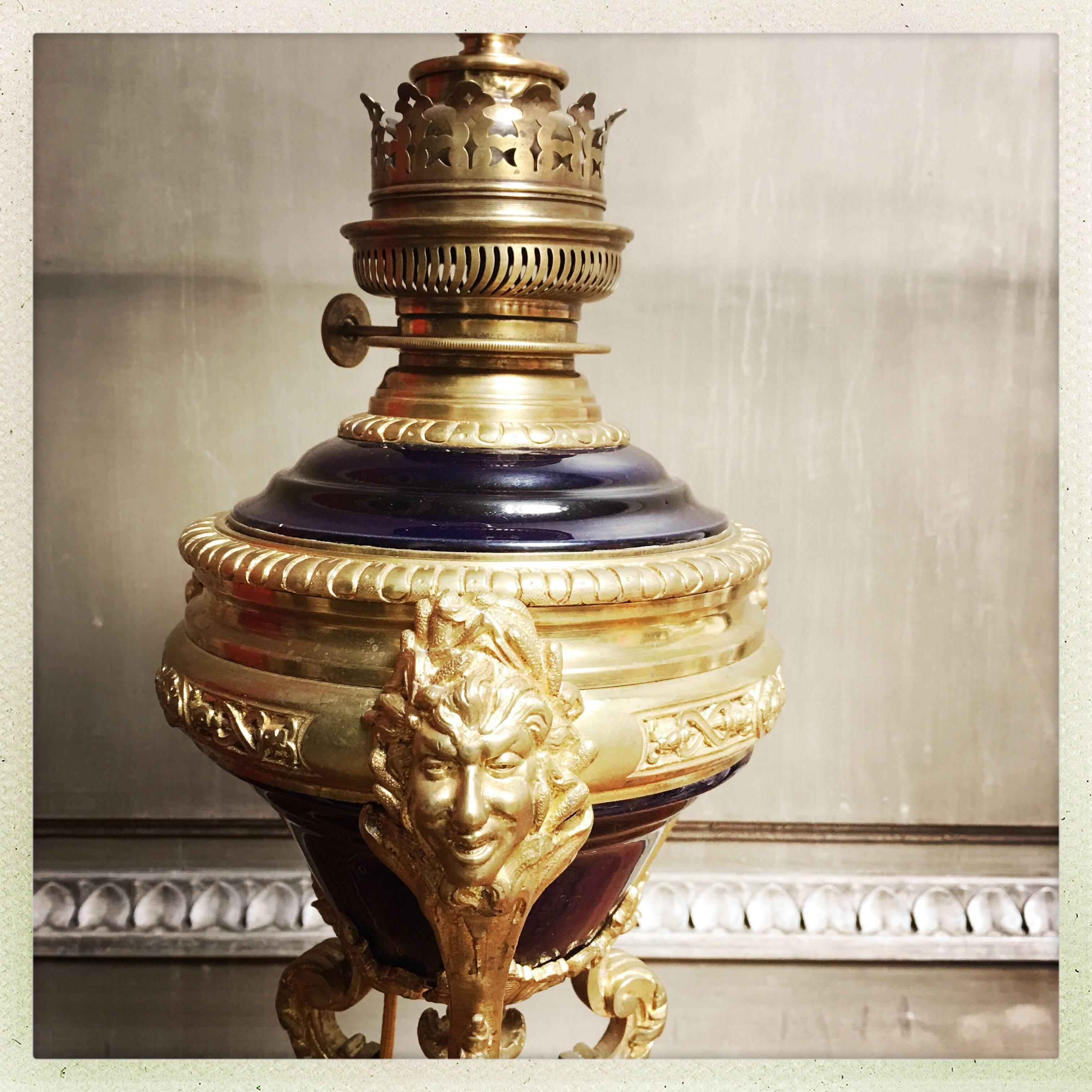 19th Century French Napoleon III Bronze and Cobalt Porcelain Lamp Base For Sale