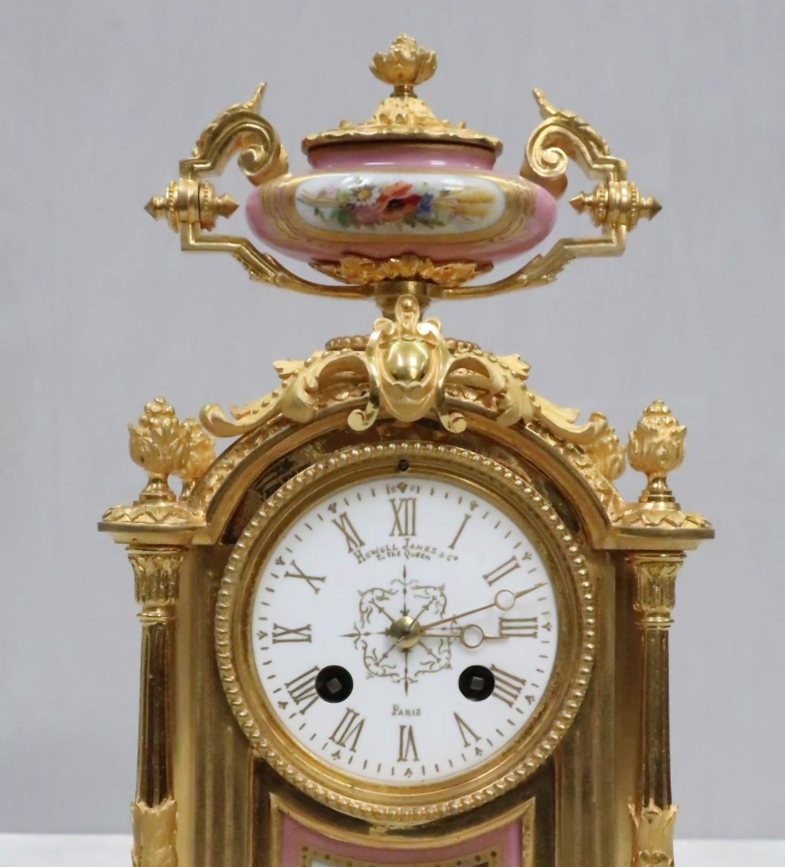Louis XIV French Napoleon III Bronze Gilt and Porcelain Mantel Clock by Japy Freres For Sale