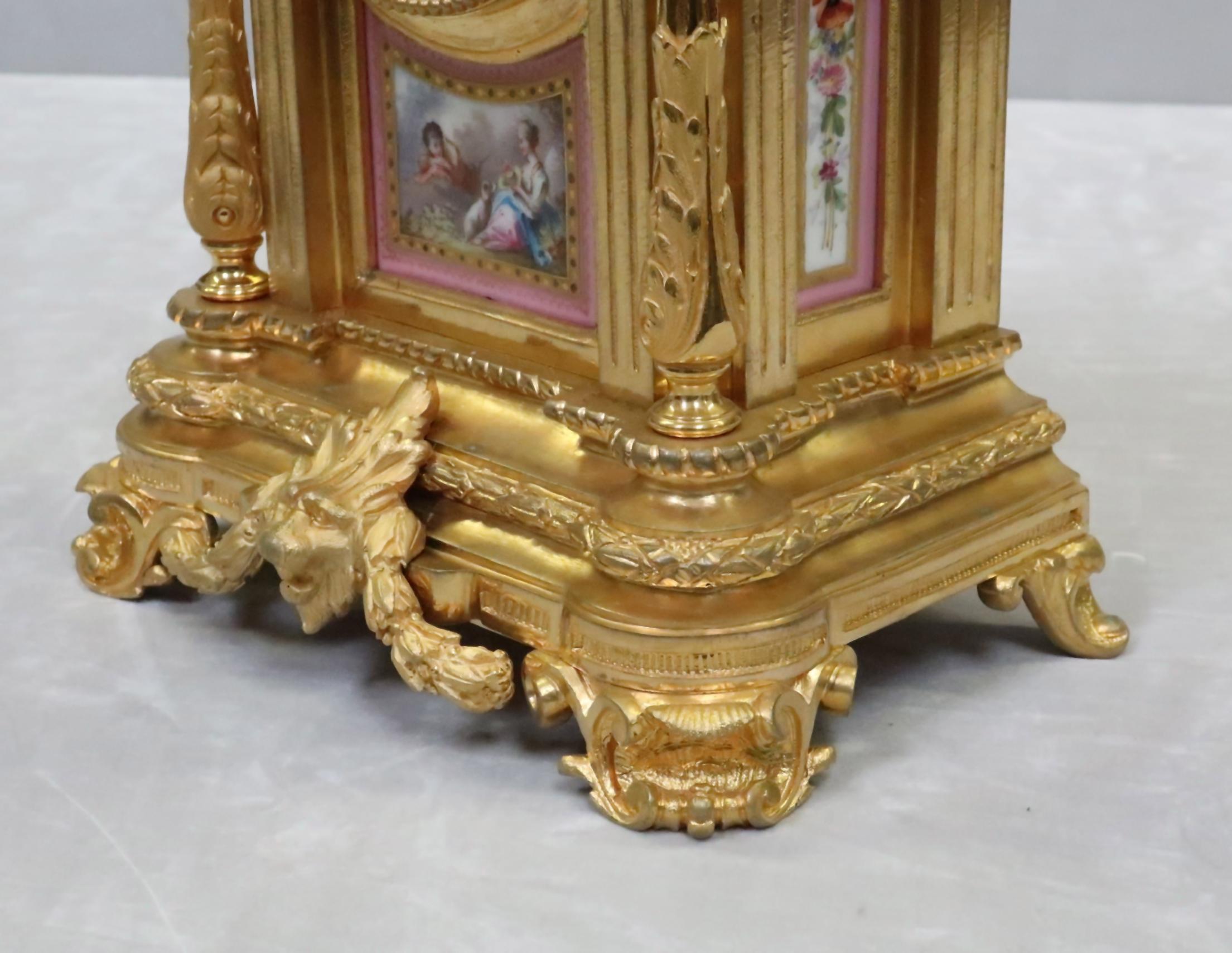French Napoleon III Bronze Gilt and Porcelain Mantel Clock by Japy Freres In Good Condition For Sale In Macclesfield, GB