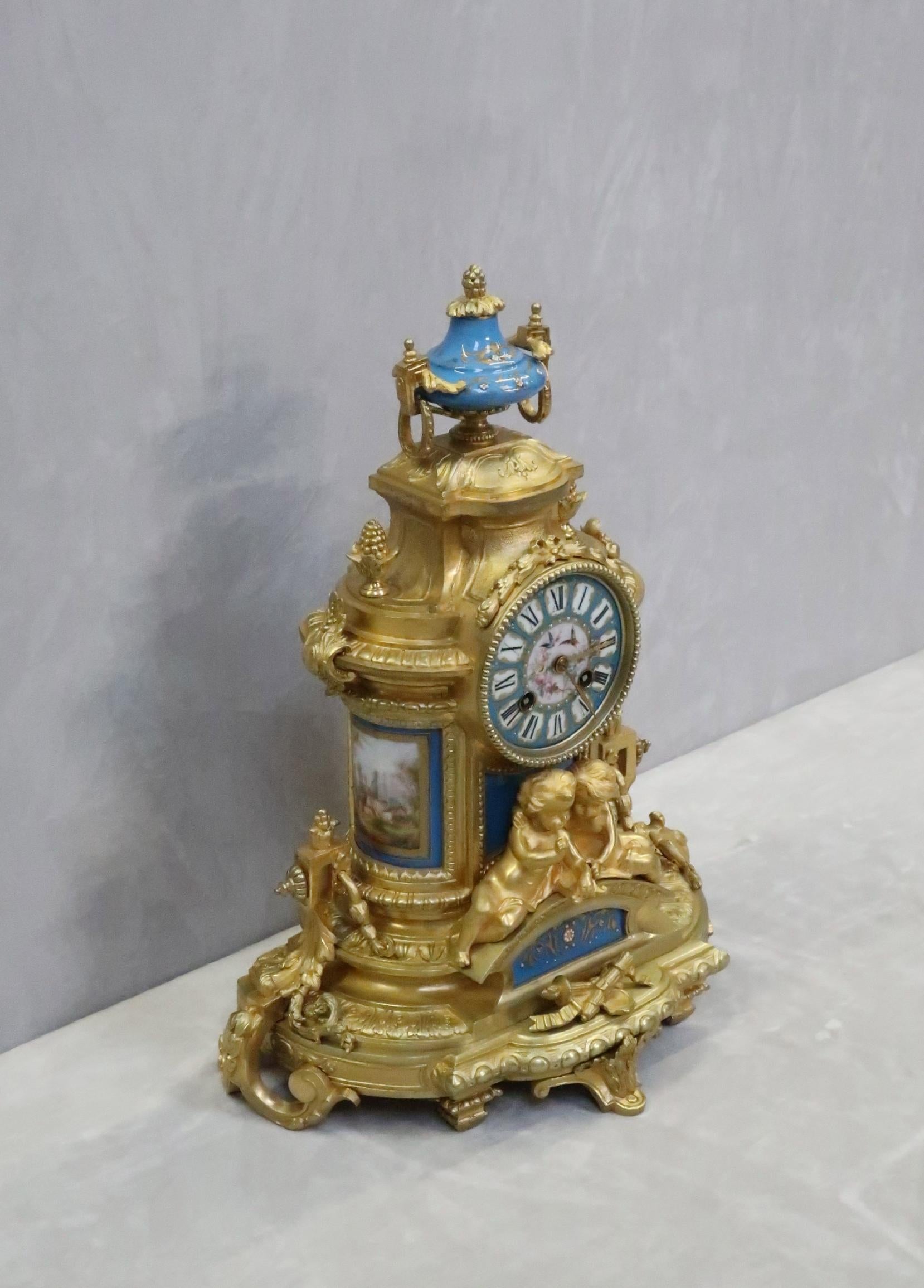 French Napoleon III Bronze Gilt and Porcelain Mantel Clock by Japy Freres For Sale 1