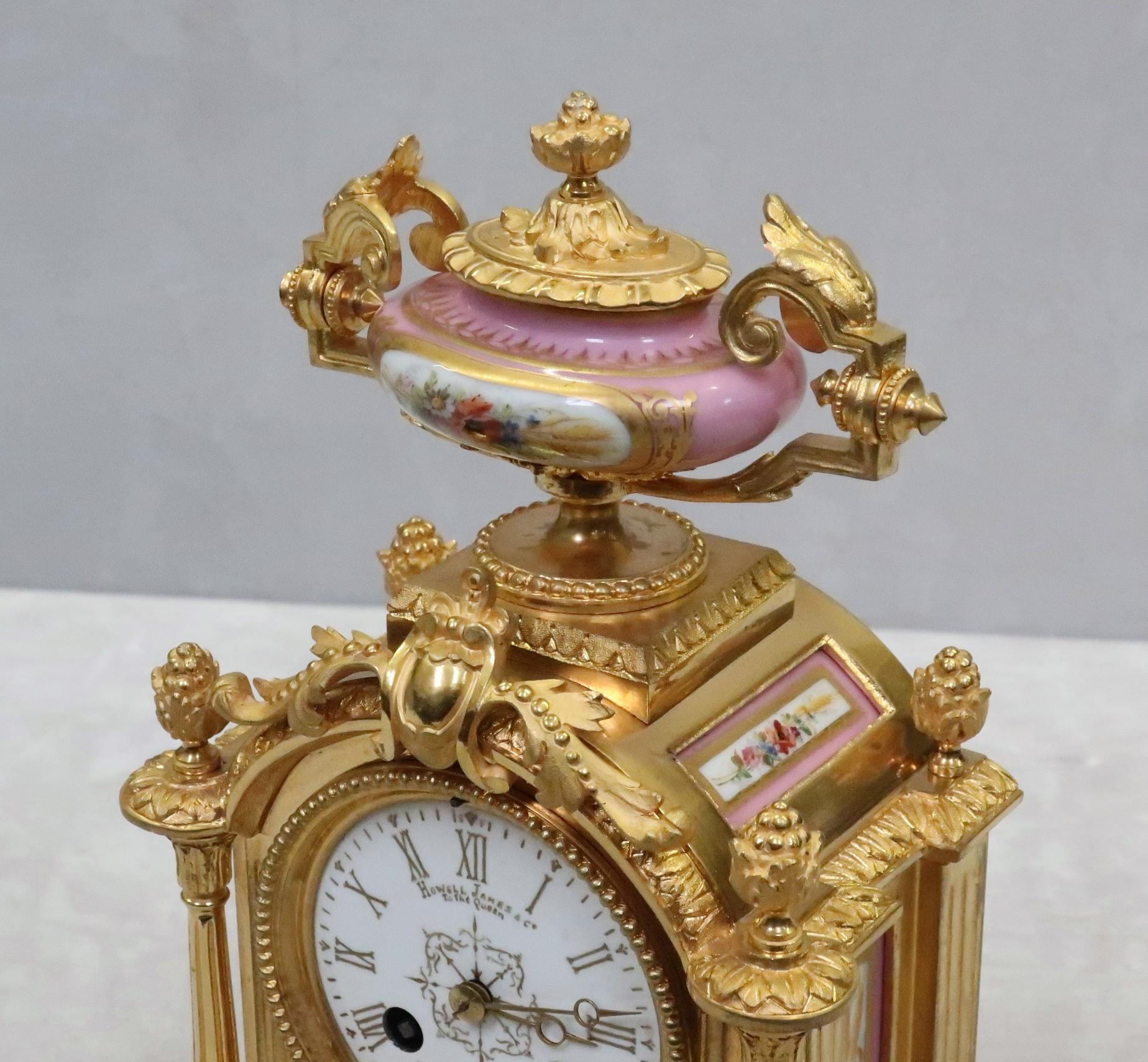 French Napoleon III Bronze Gilt and Porcelain Mantel Clock by Japy Freres For Sale 1