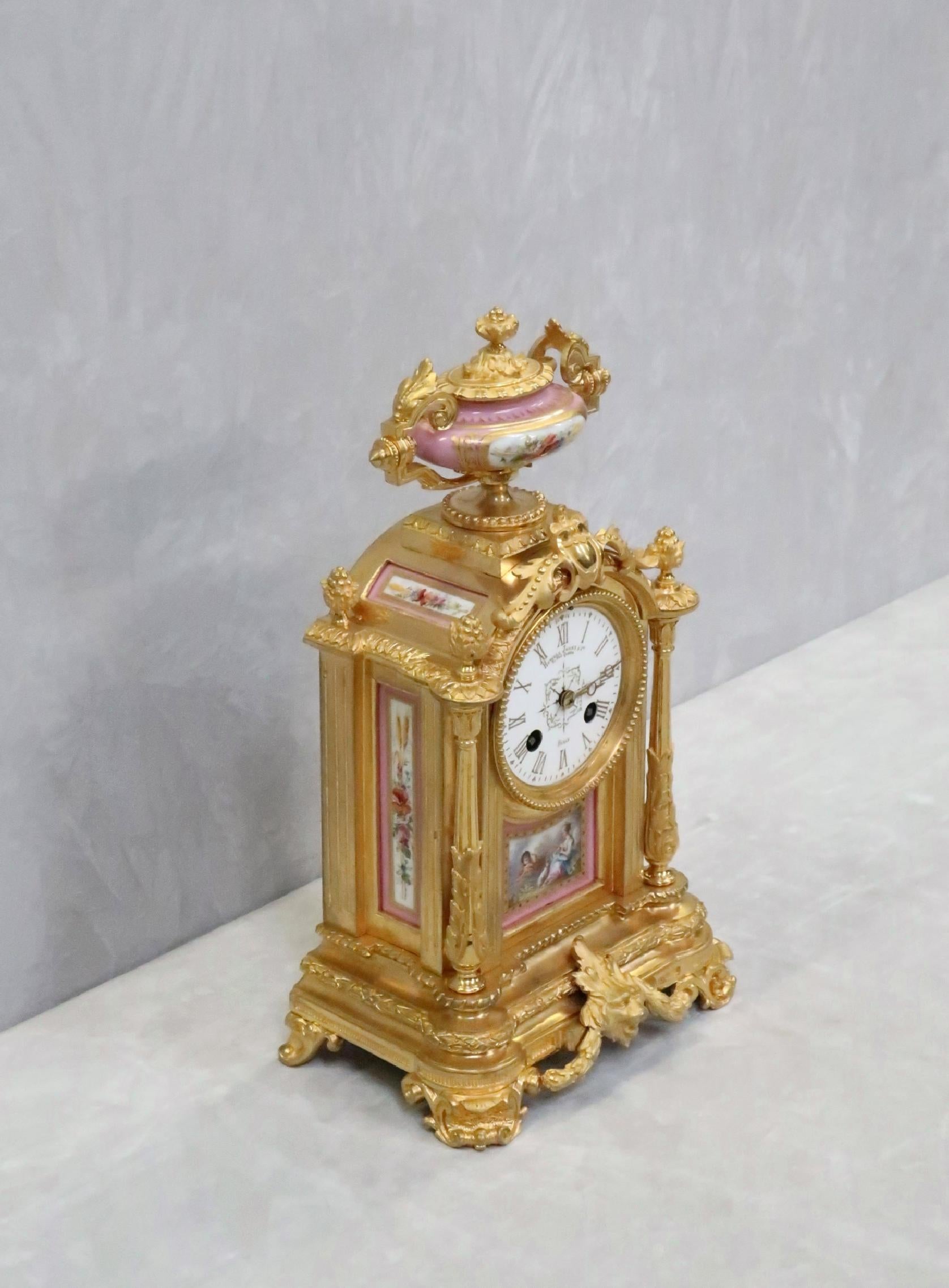 French Napoleon III Bronze Gilt and Porcelain Mantel Clock by Japy Freres For Sale 2