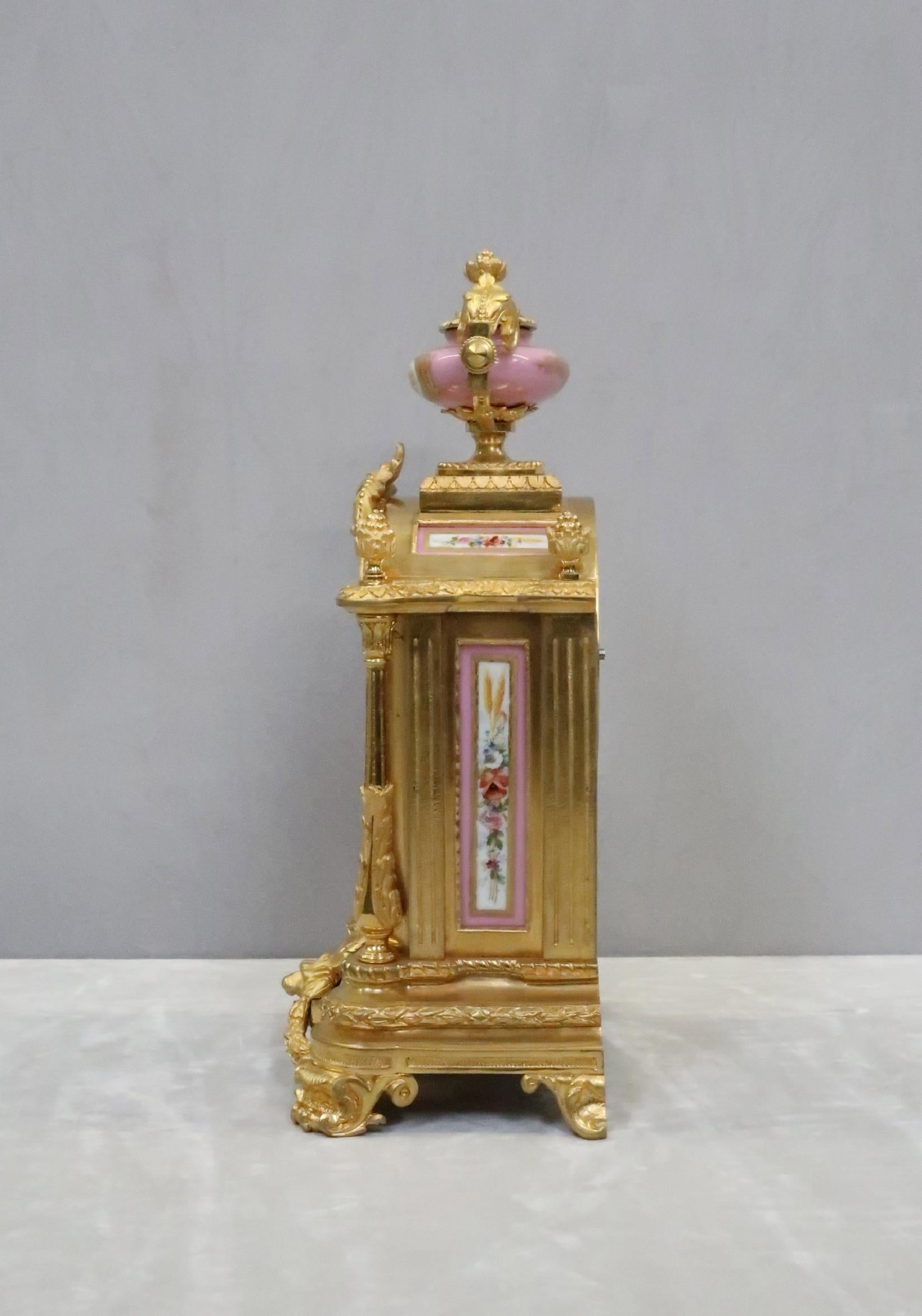 French Napoleon III Bronze Gilt and Porcelain Mantel Clock by Japy Freres For Sale 3