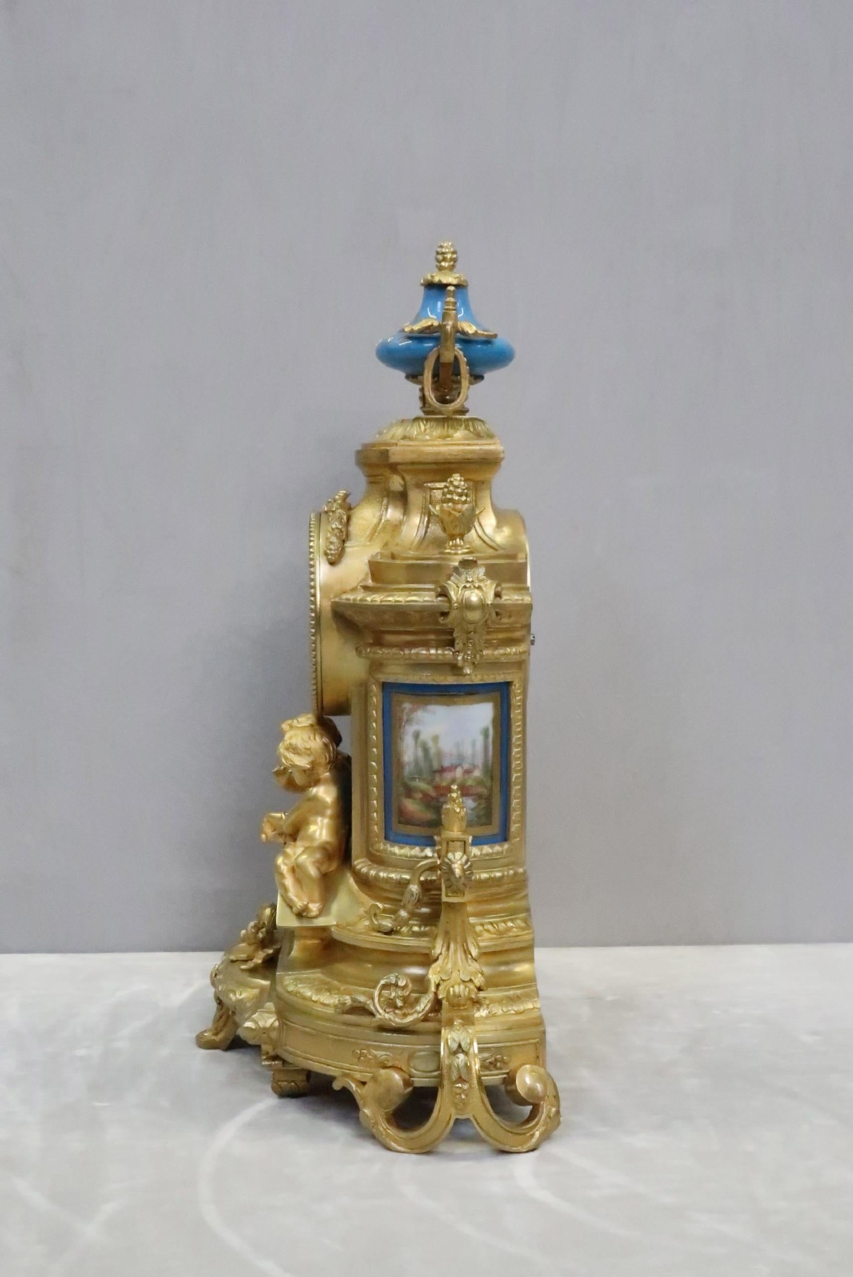 French Napoleon III Bronze Gilt and Porcelain Mantel Clock by Japy Freres For Sale 4
