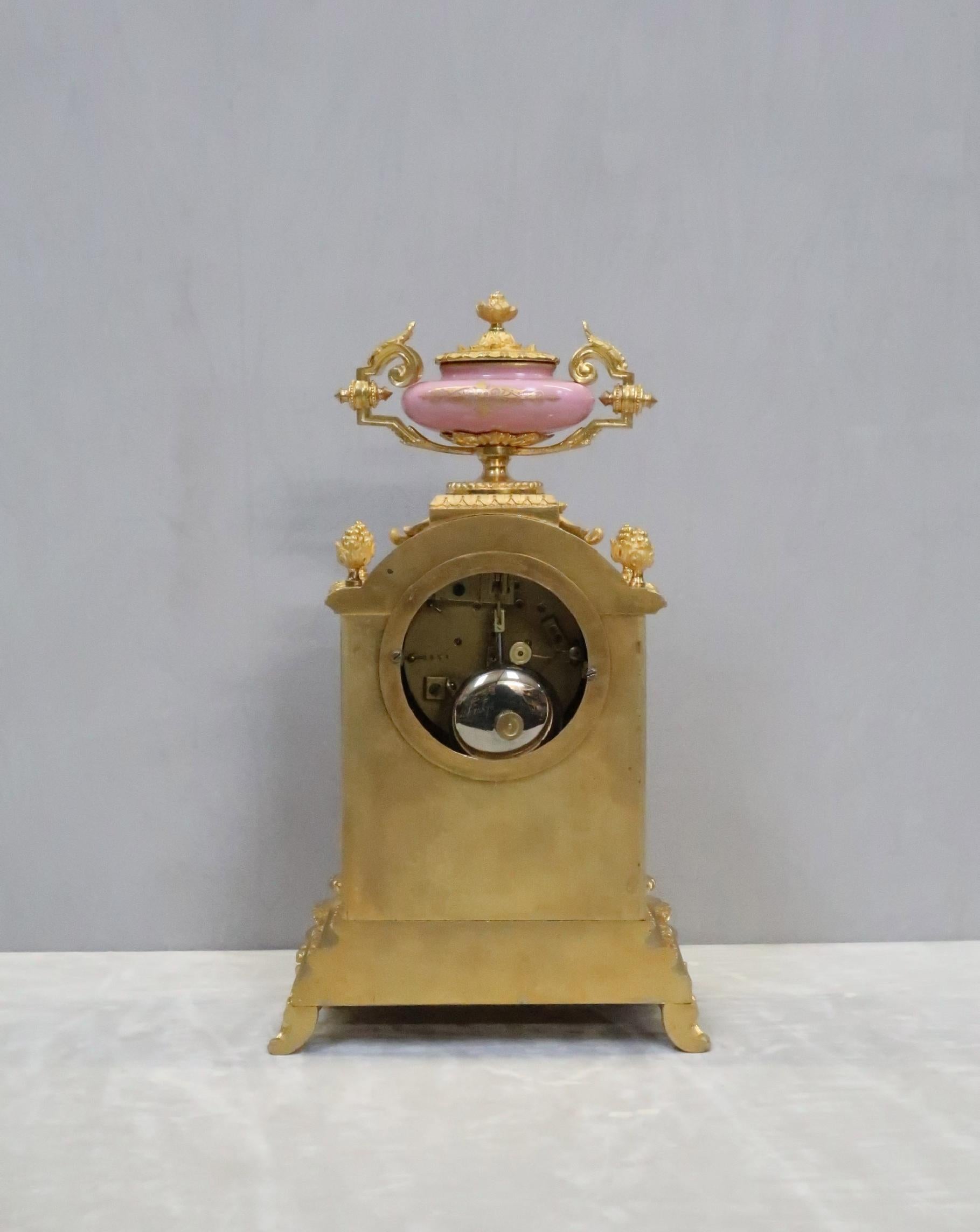 French Napoleon III Bronze Gilt and Porcelain Mantel Clock by Japy Freres For Sale 4