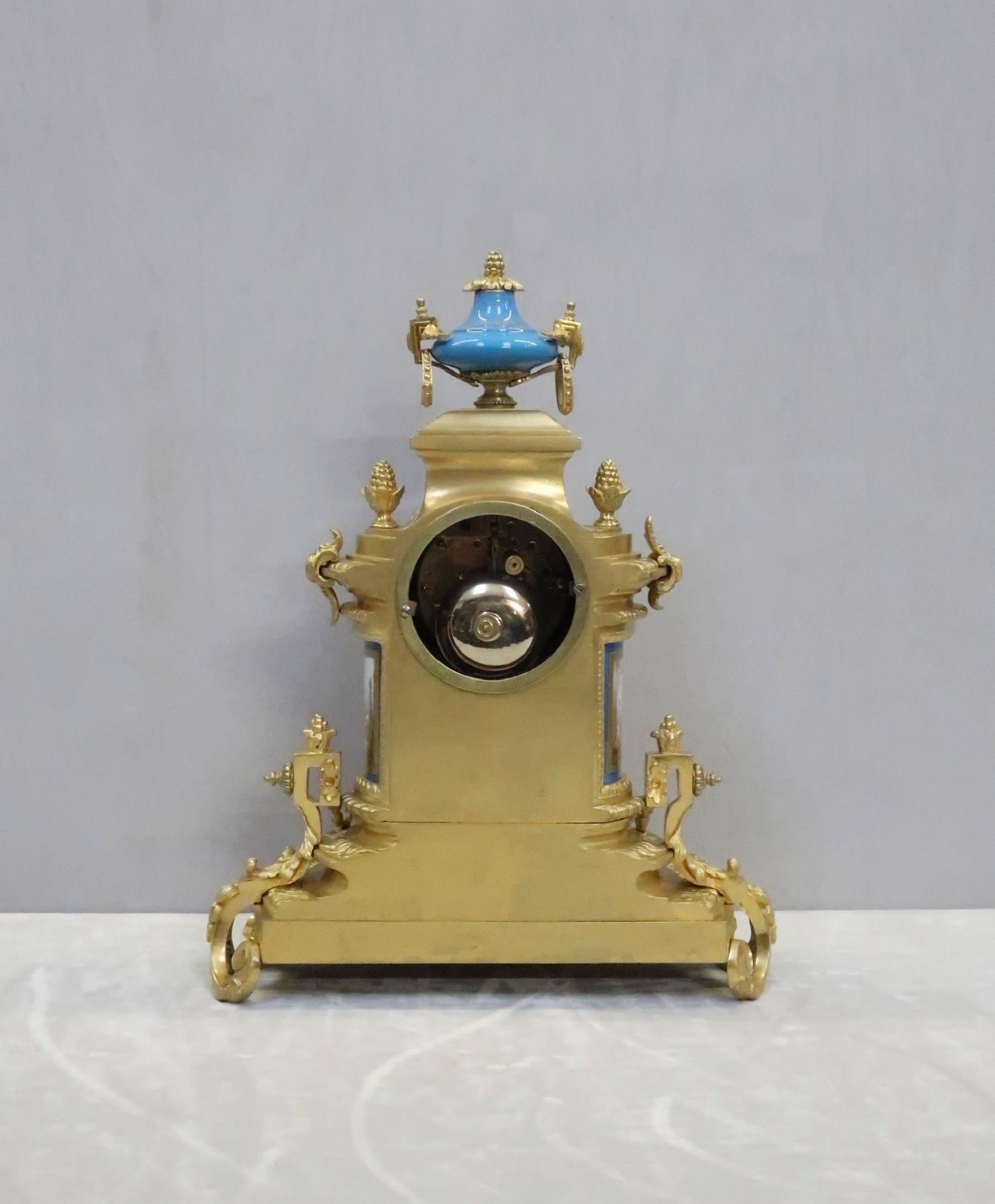 French Napoleon III Bronze Gilt and Porcelain Mantel Clock by Japy Freres For Sale 5