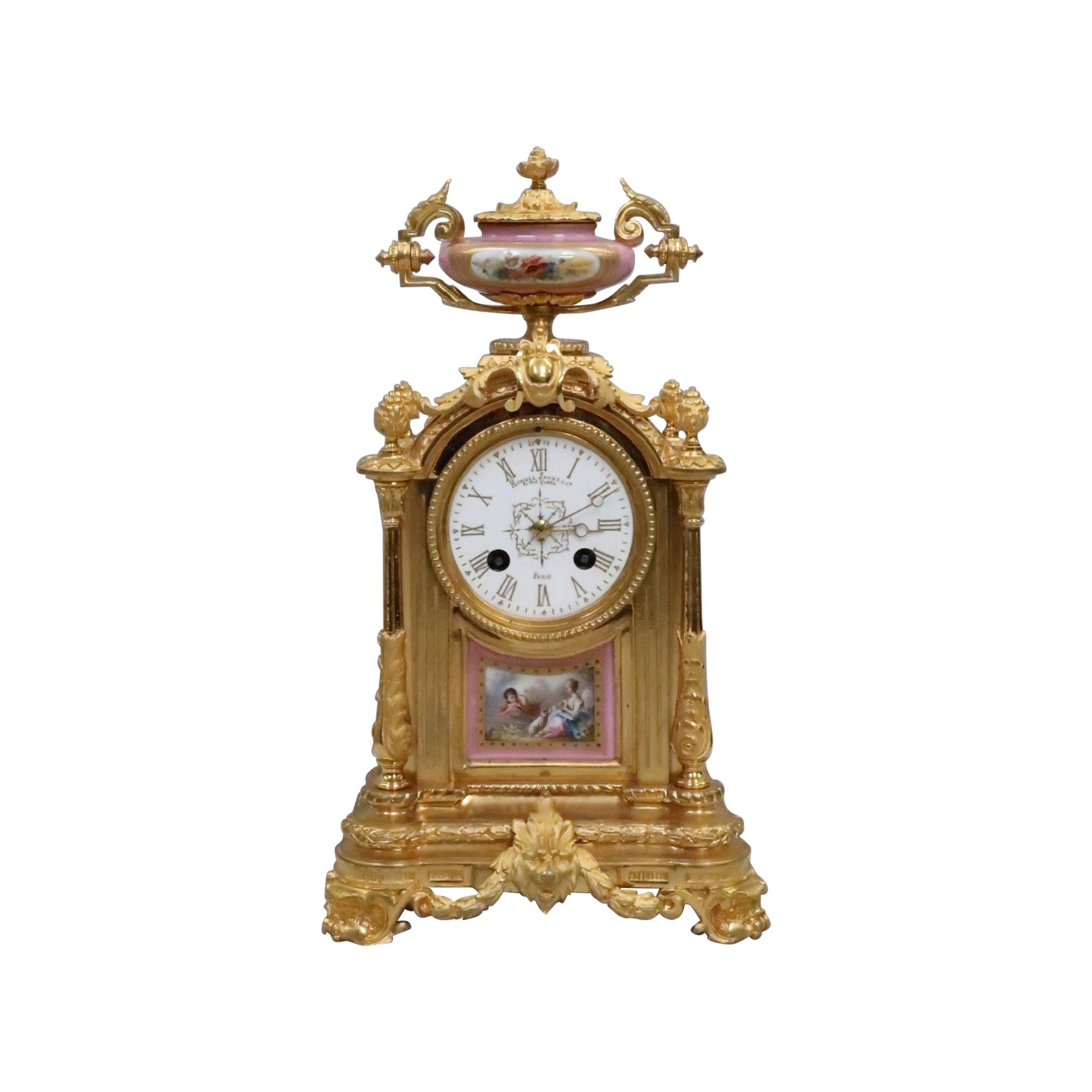 French Napoleon III Bronze Gilt and Porcelain Mantel Clock by Japy Freres For Sale