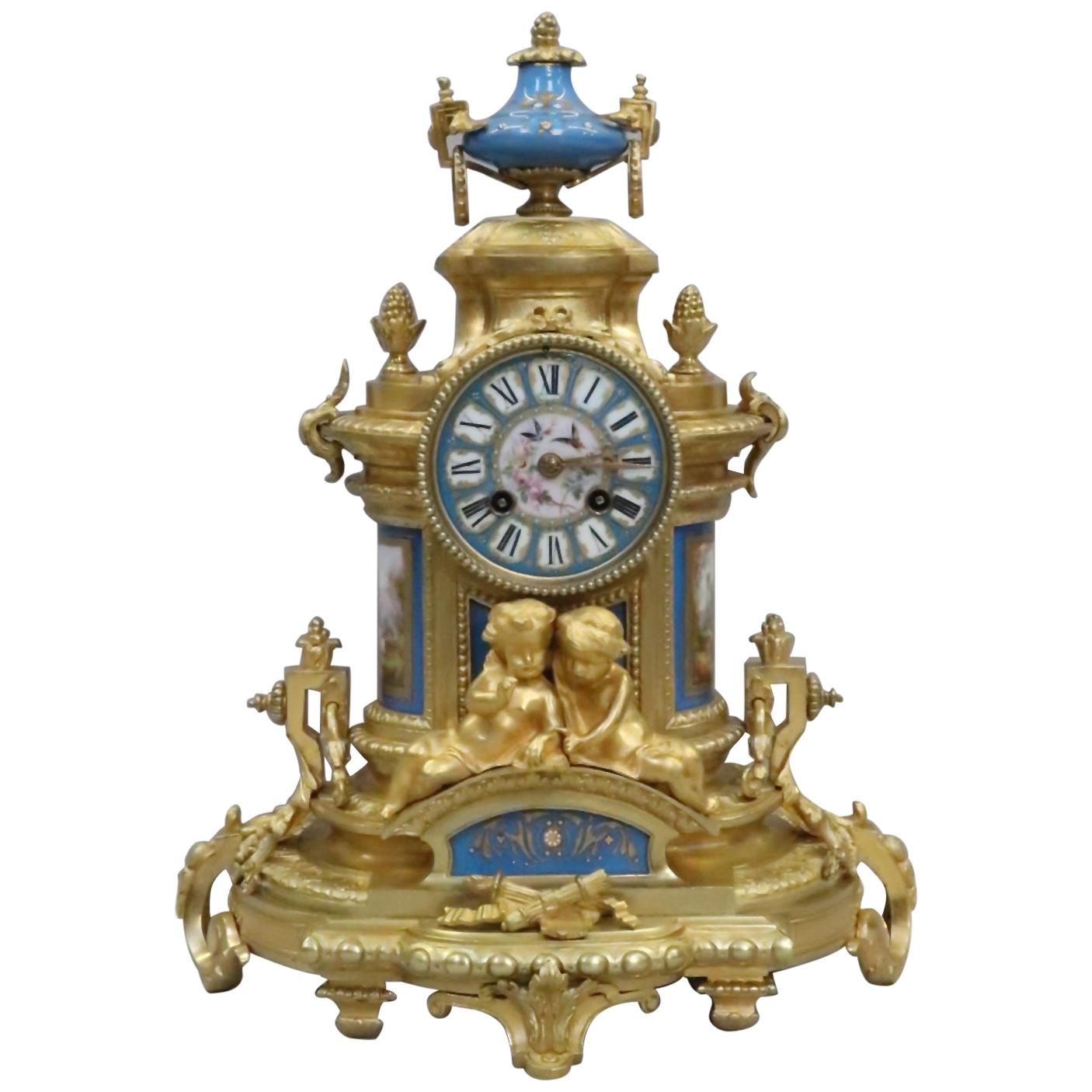 French Napoleon III Bronze Gilt and Porcelain Mantel Clock by Japy Freres For Sale