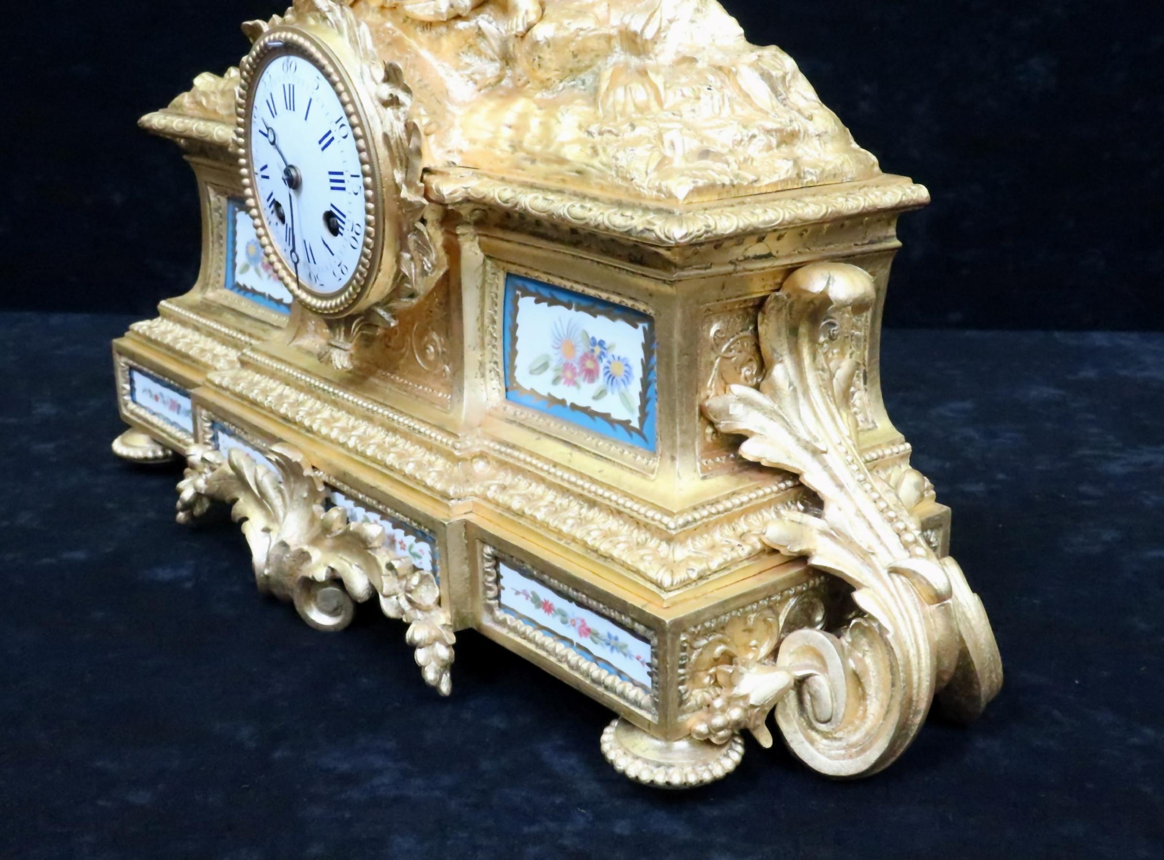 19th Century French Napoleon III Bronze Gilt and Porcelain Mantel Clock For Sale