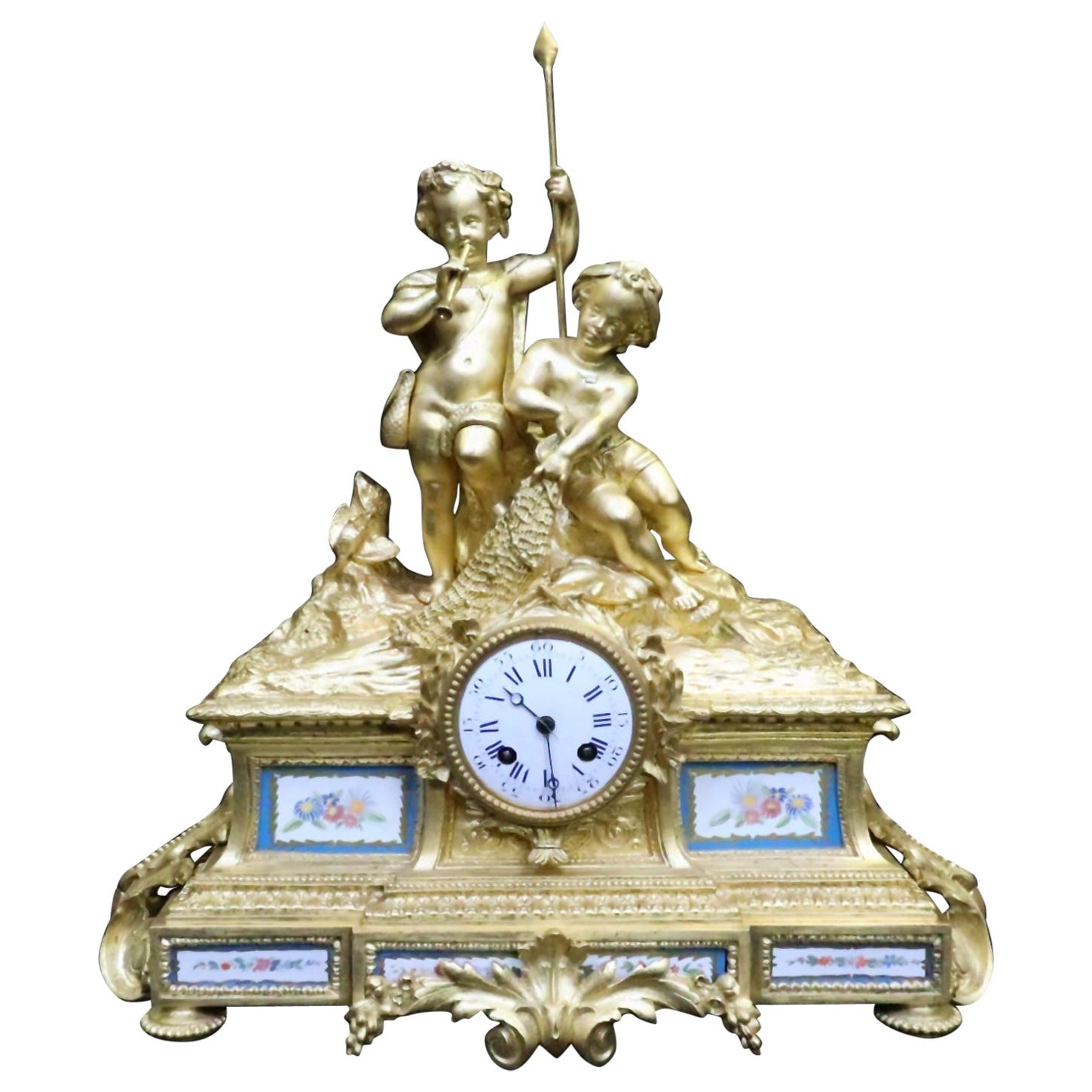 French Napoleon III Bronze Gilt and Porcelain Mantel Clock For Sale
