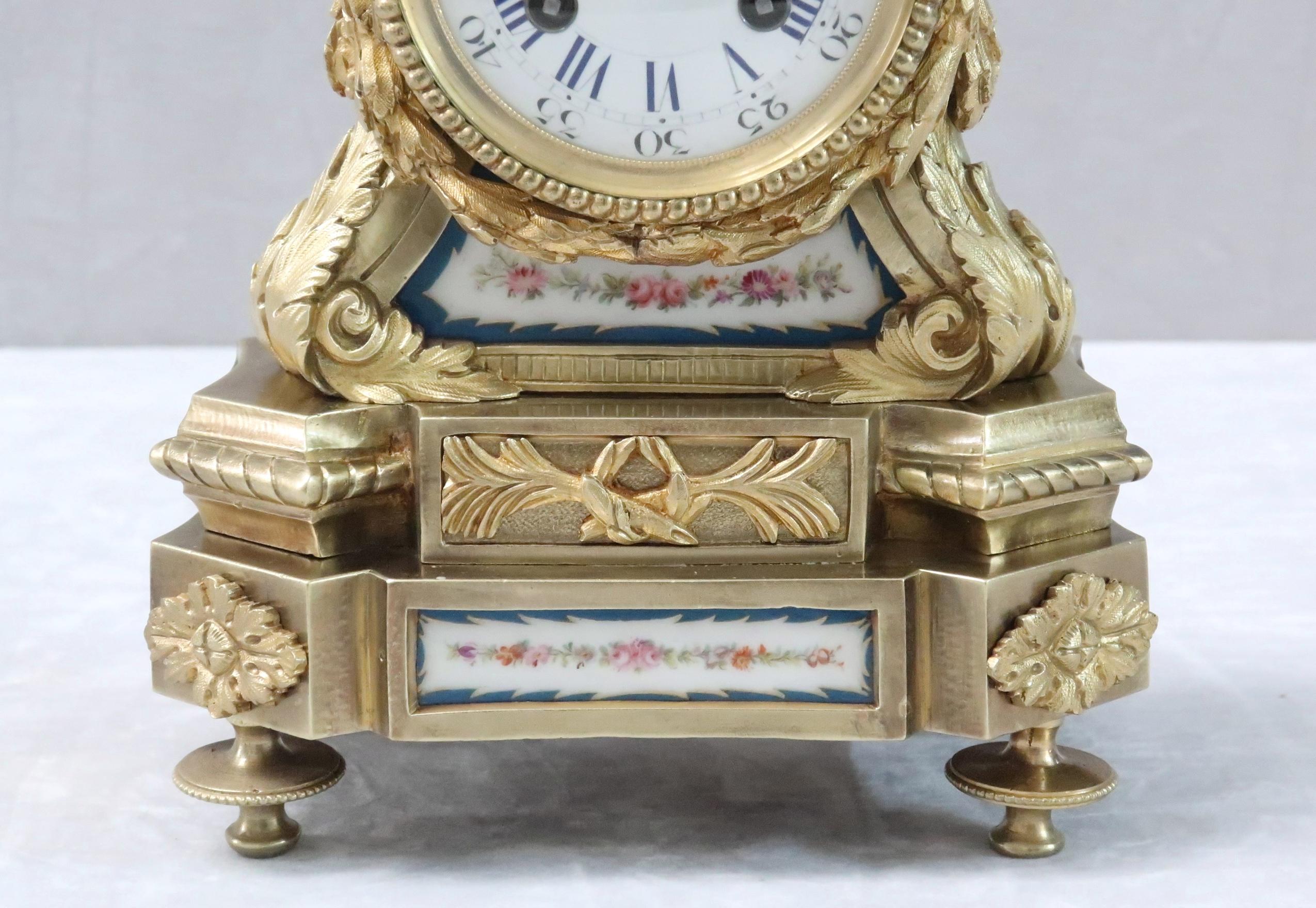 19th Century French Napoleon III Bronze Gilt Mantel Clock with Porcelain Panels For Sale