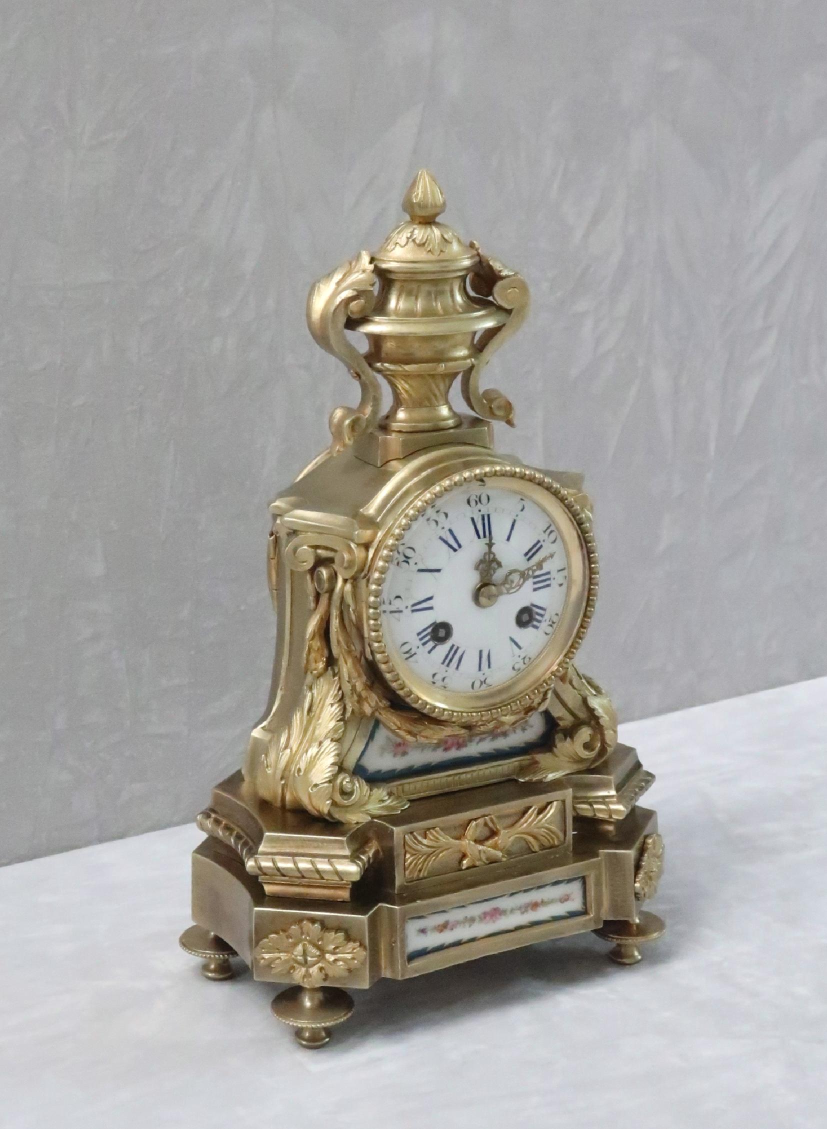 Sèvres French Napoleon III Bronze Gilt Mantel Clock with Porcelain Panels For Sale