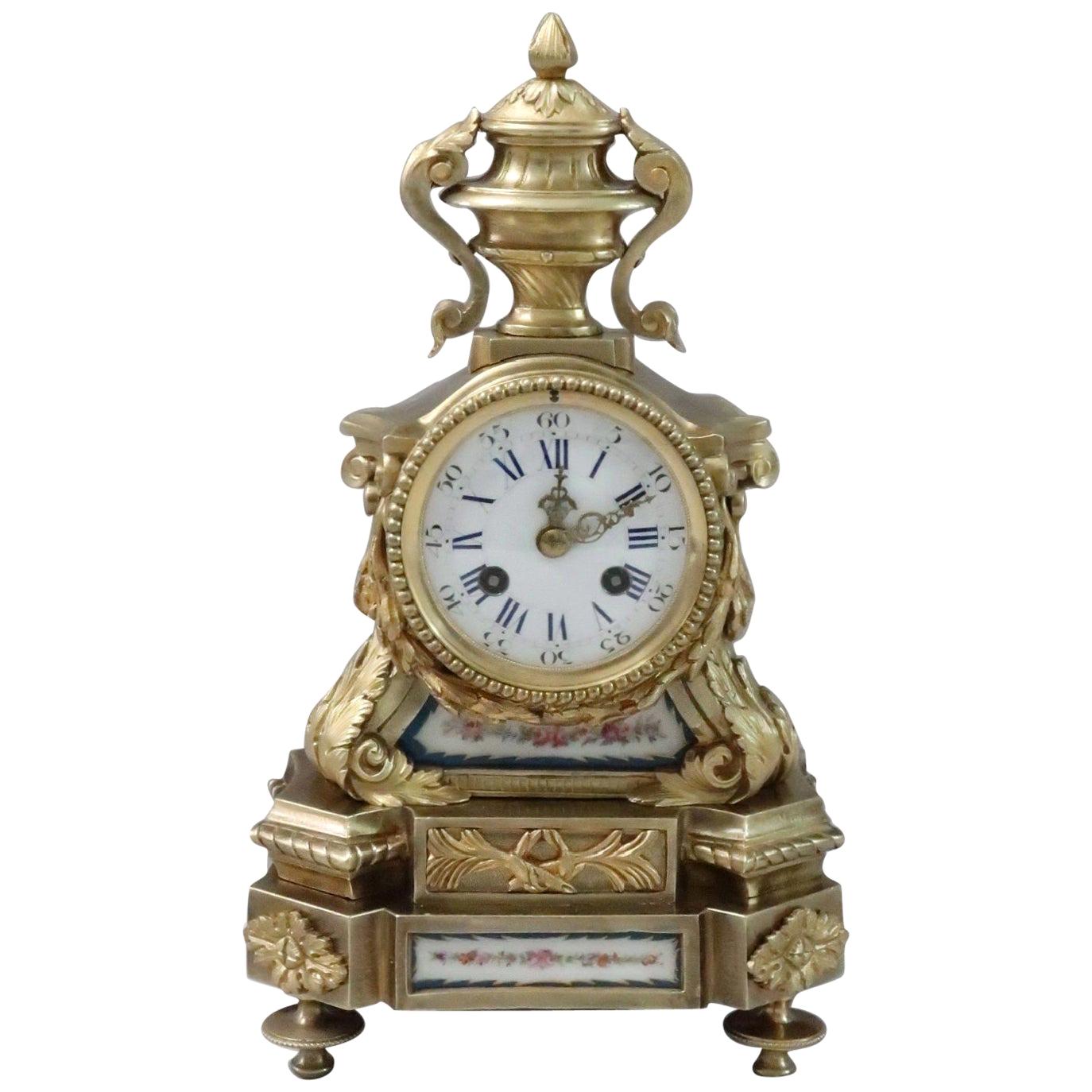 French Napoleon III Bronze Gilt Mantel Clock with Porcelain Panels For Sale