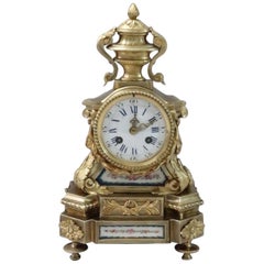 French Napoleon III Bronze Gilt Mantel Clock with Porcelain Panels