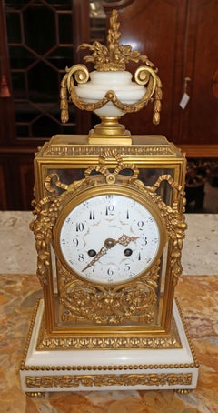 French Napoleon III Bronze & Glass Mantel Clock By Vincenti & Cie Circa 1870