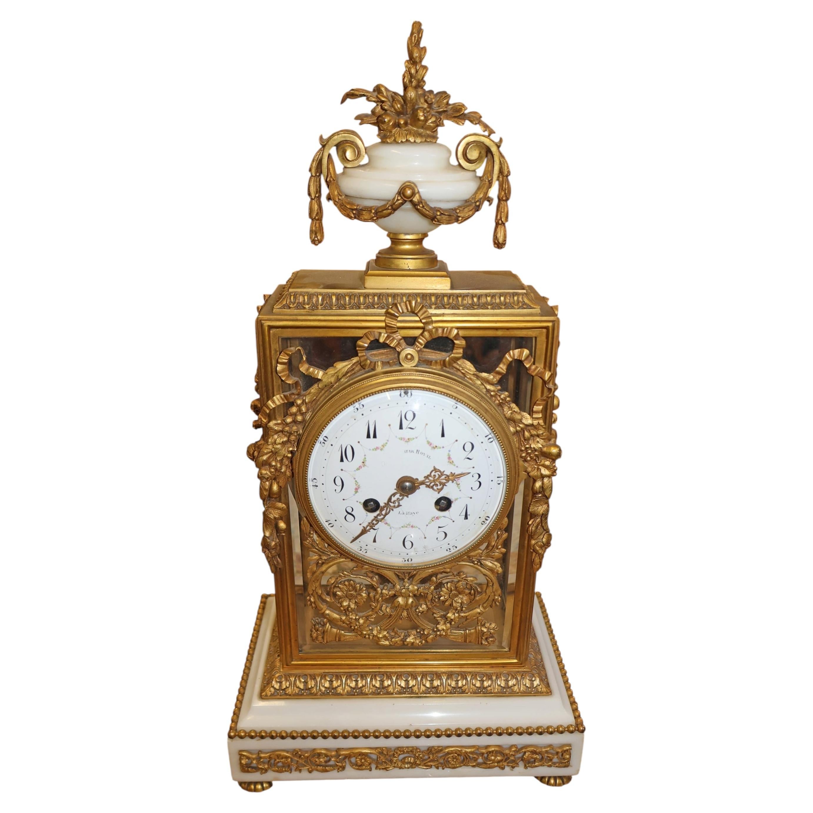 French Napoleon III Bronze & Glass Mantel Clock By Vincenti & Cie Circa 1870