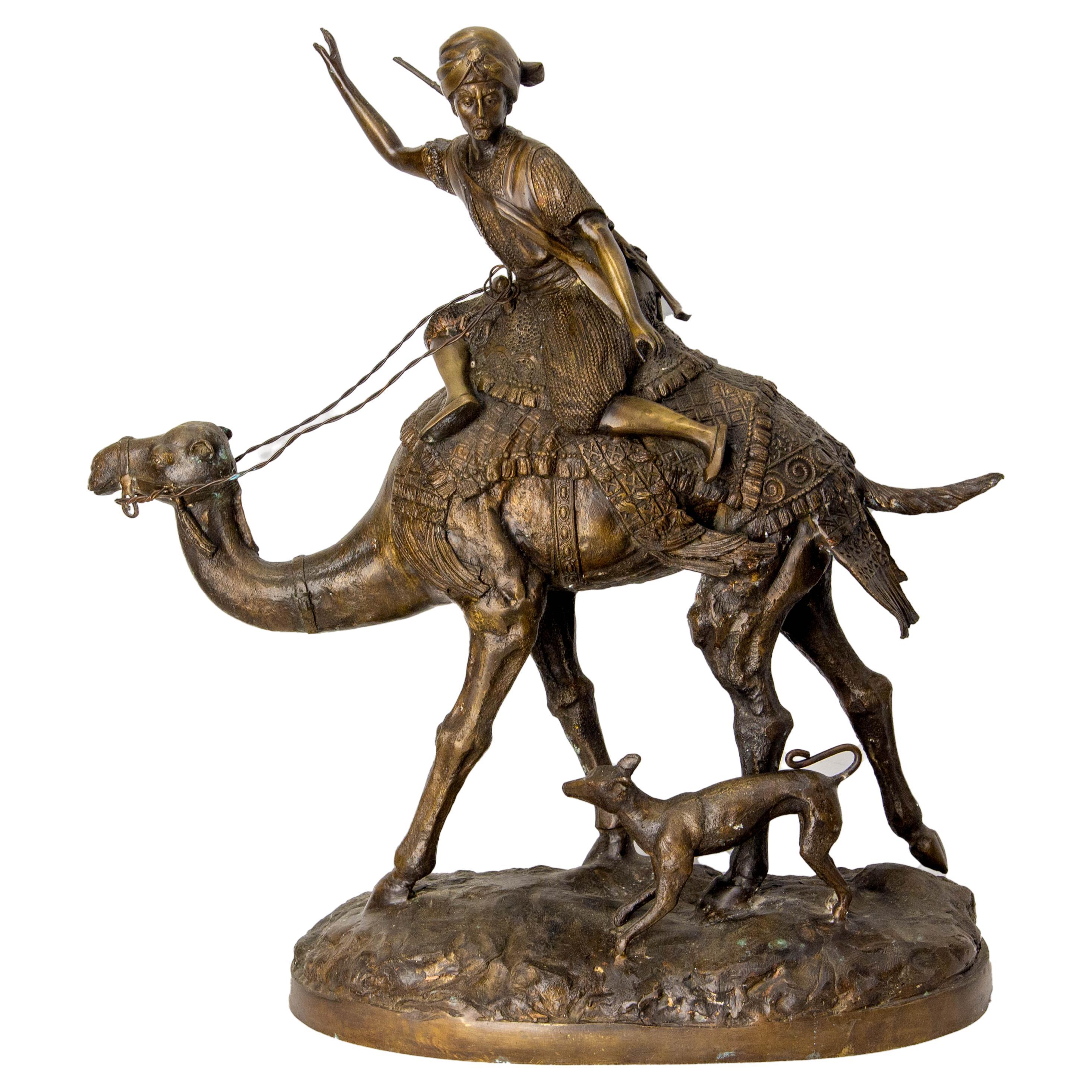 French Napoleon III Bronze Hunter Camel and Dog circa 1890 For Sale