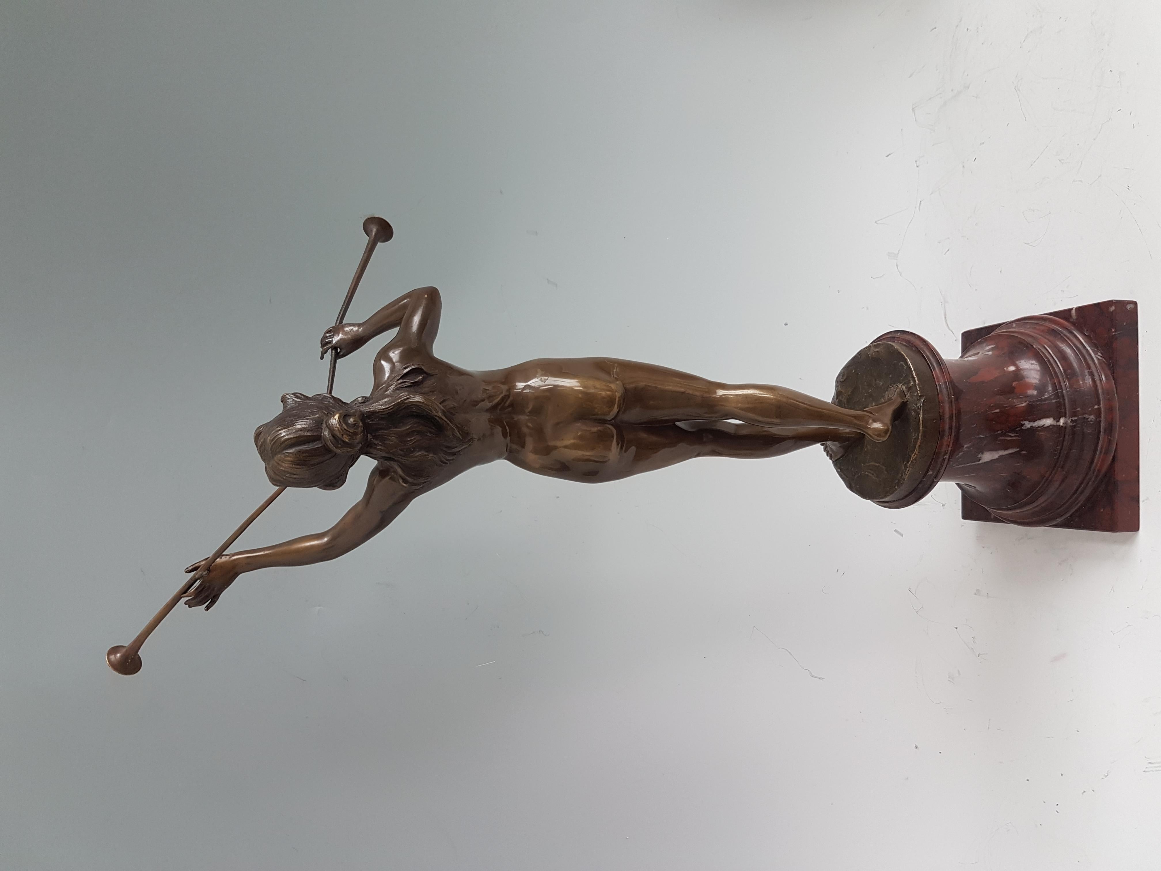 French Napoleon III Bronze Pipe Girl on Shaped Rouge Marble Base In Good Condition For Sale In London, GB