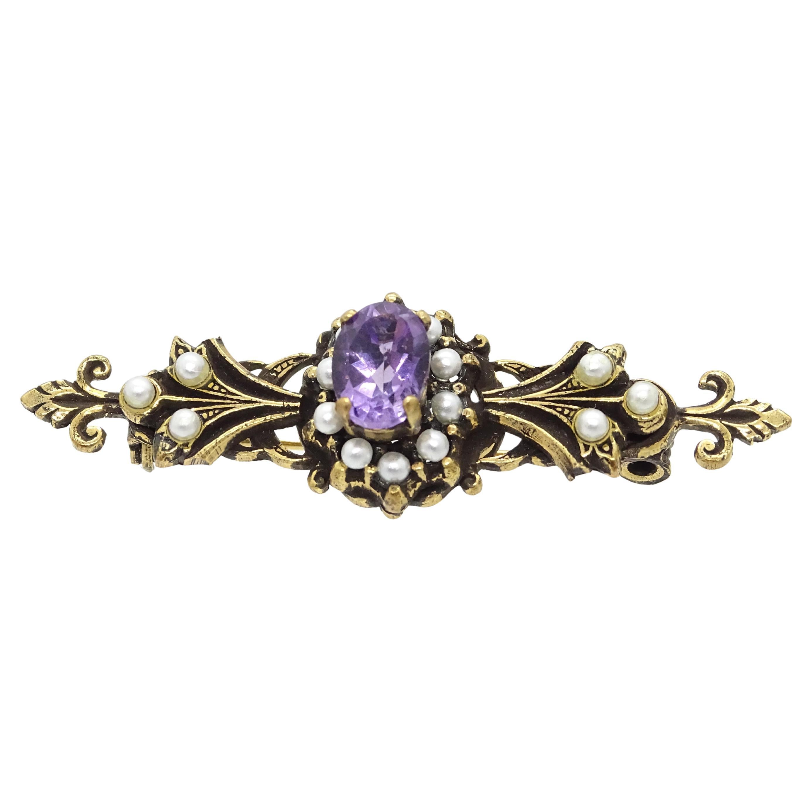 French Napoleón III Brooch, mauve quartz and small pearls