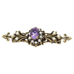 Broche francés Napoleón III, cuarzo malva y pequeñas perlas
