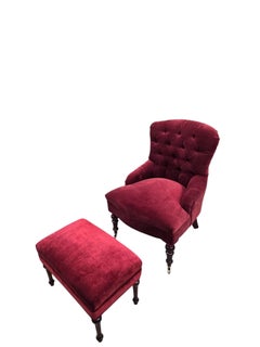 French Napoleon III Button-Tufted Lounge Chair & Ottoman in Original Red Velvet