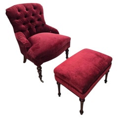 French Napoleon III Button-Tufted Lounge Chair & Ottoman in Original Red Velvet