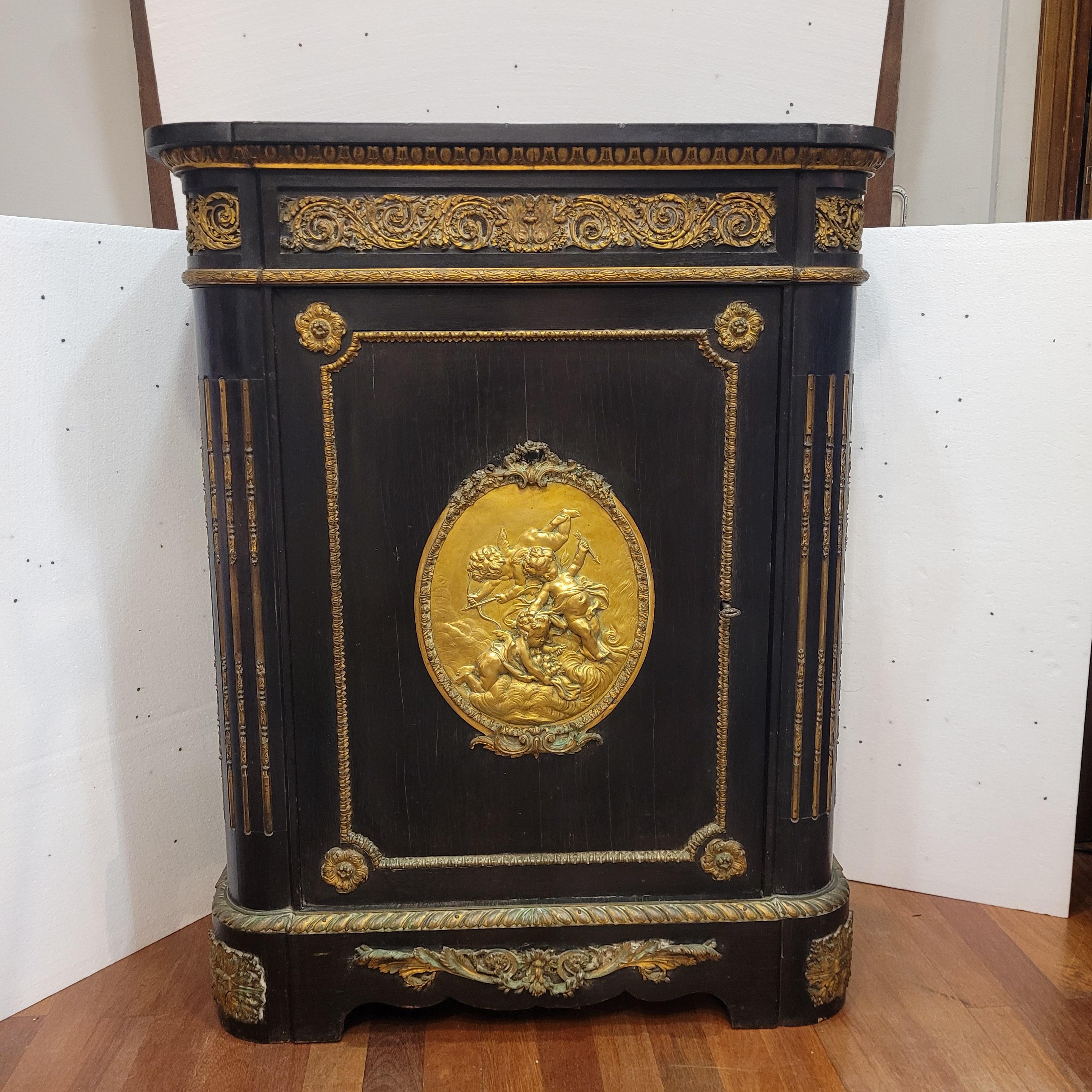 Mid-19th Century French Napoleon III Cabinet Buffet Entrée Black  Ormolu, Belgian Black Marble For Sale