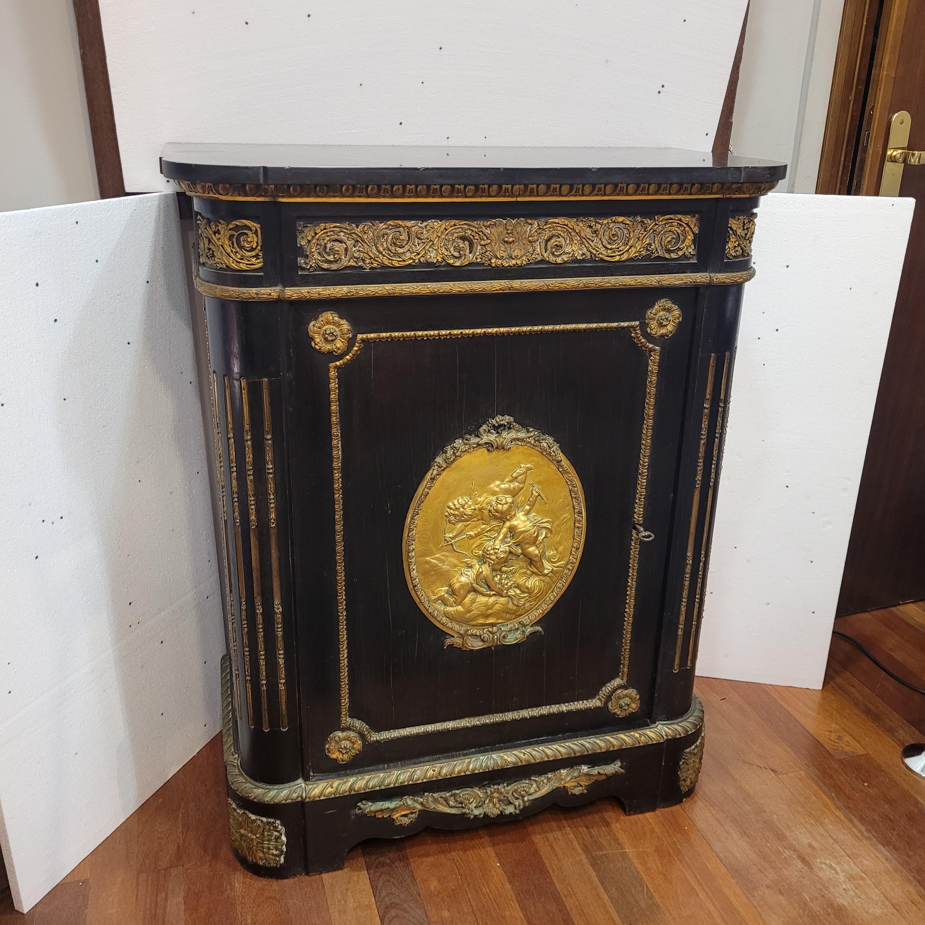 French Napoleon III Cabinet Buffet Entrée Black  Ormolu, Belgian Black Marble For Sale 1