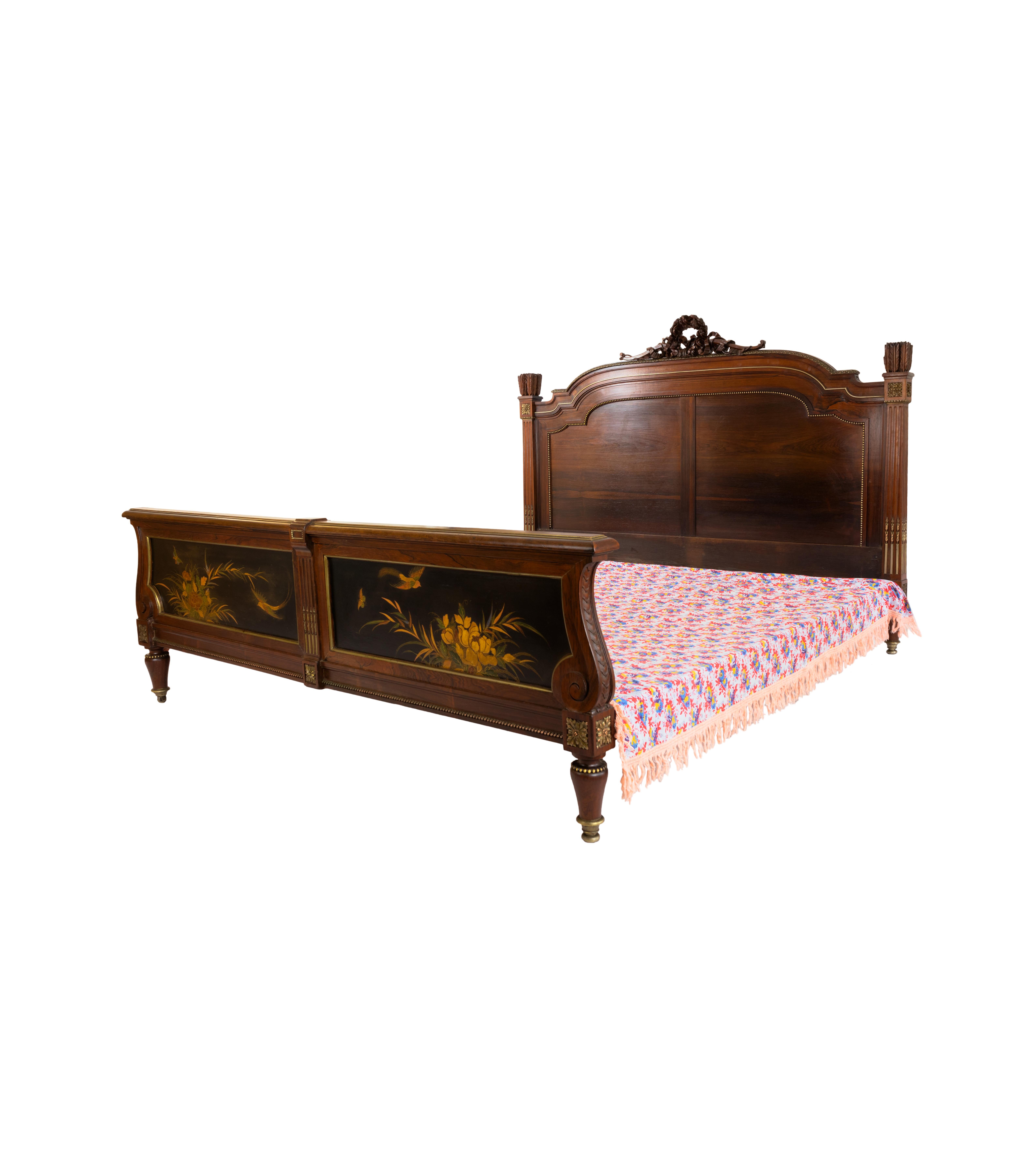 A rare 19th Century Napoleon III period french palatial King sized bed in solid high quality tropical wood (size 181.5 x 210 cm) with painted floral lacquer panels. Very rare period piece with a very large mattress space. (Does not include matress)
