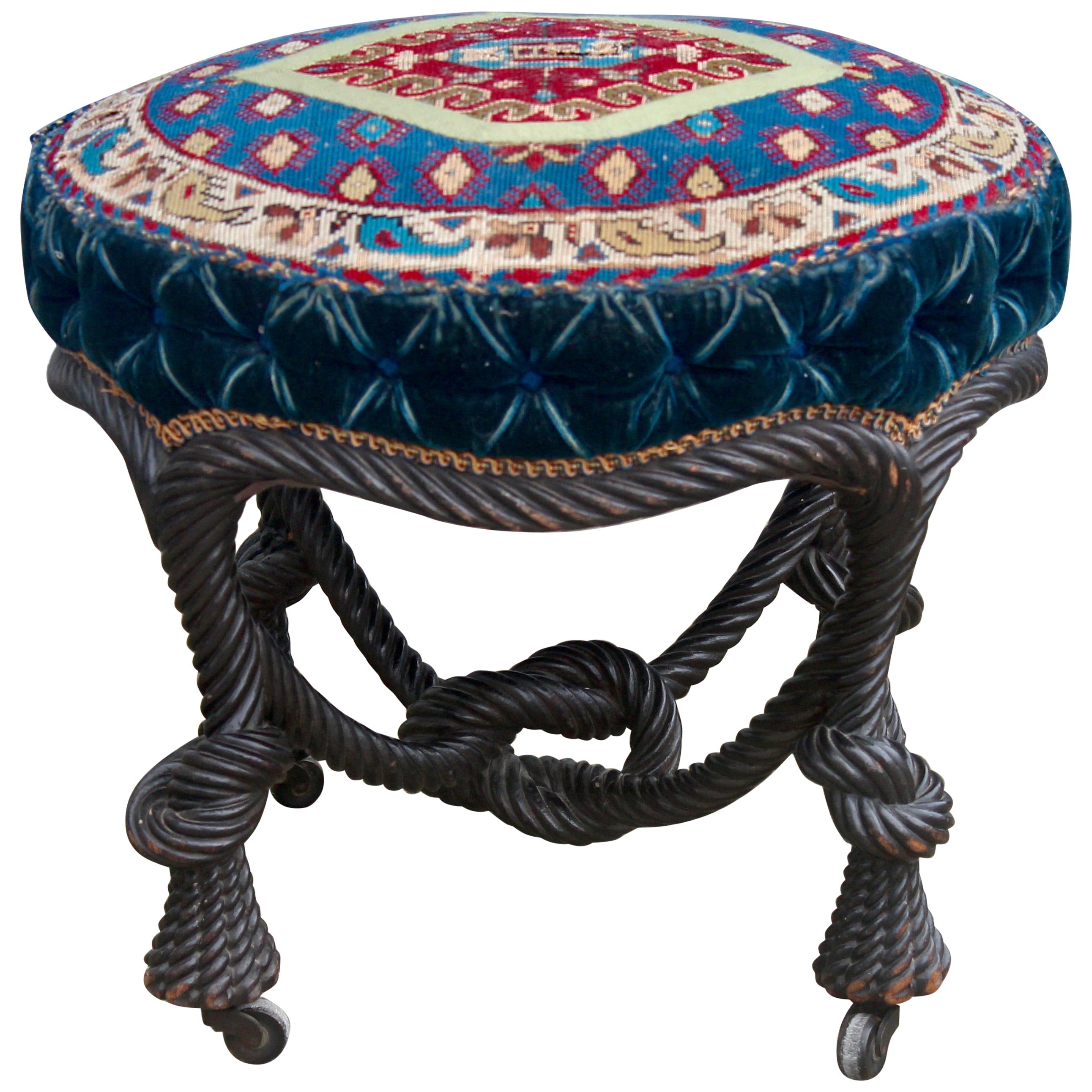 French Napoléon III Carved Rope Stool Attributed to A.M.E Fournier, circa 1875