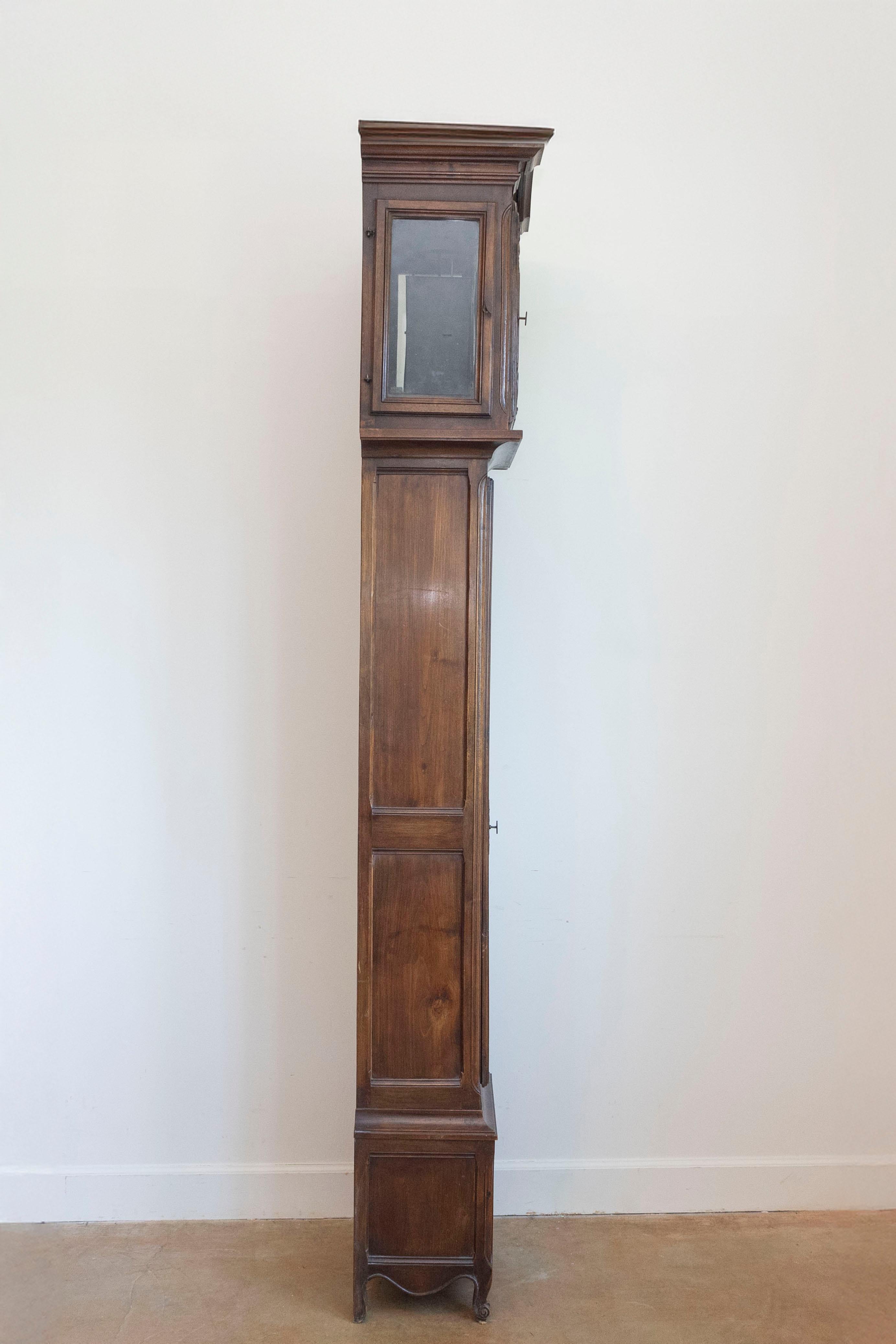 French Napoléon III Carved Walnut Long Case Clock with Brass Farming Scene For Sale 6