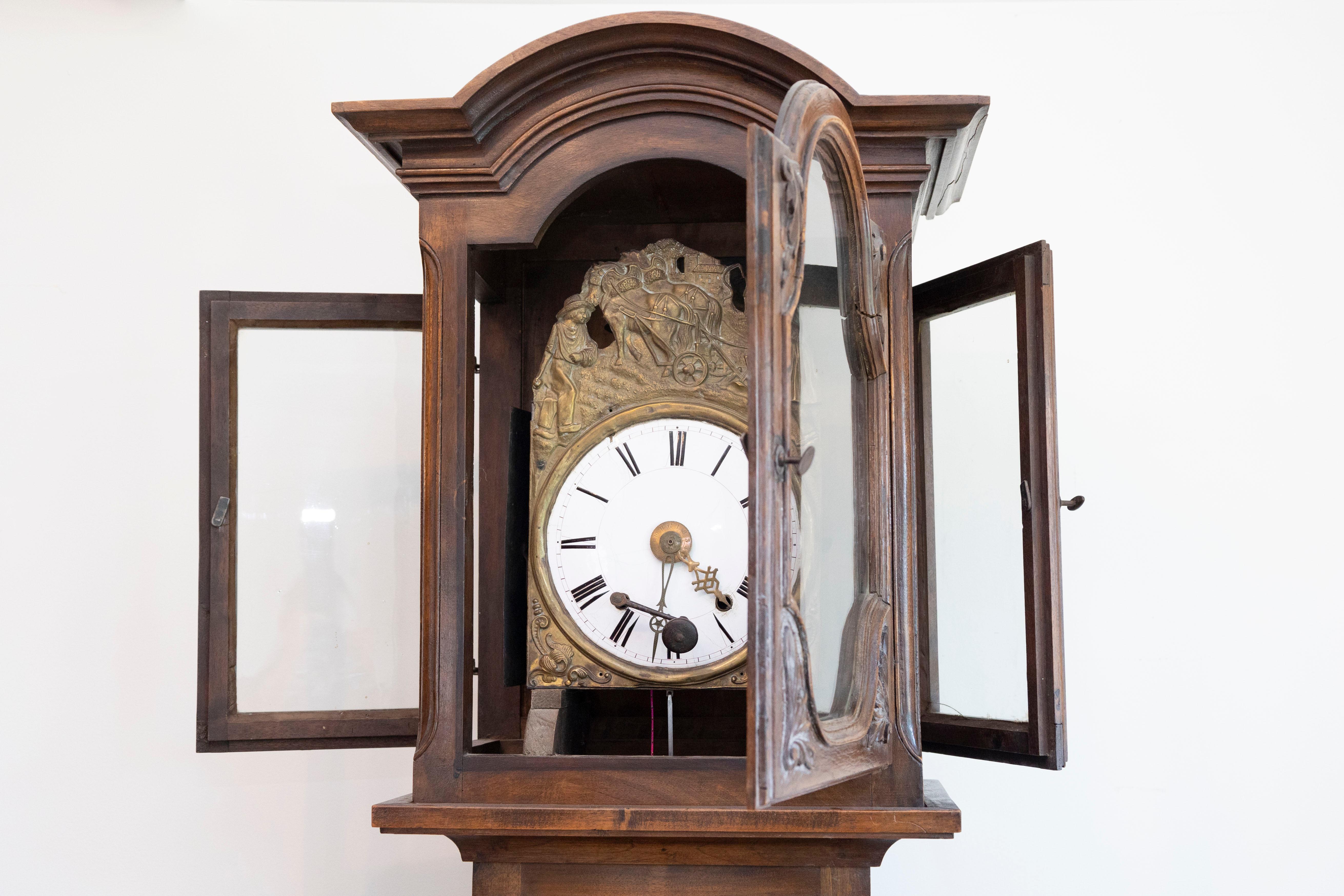 French Napoléon III Carved Walnut Long Case Clock with Brass Farming Scene For Sale 9