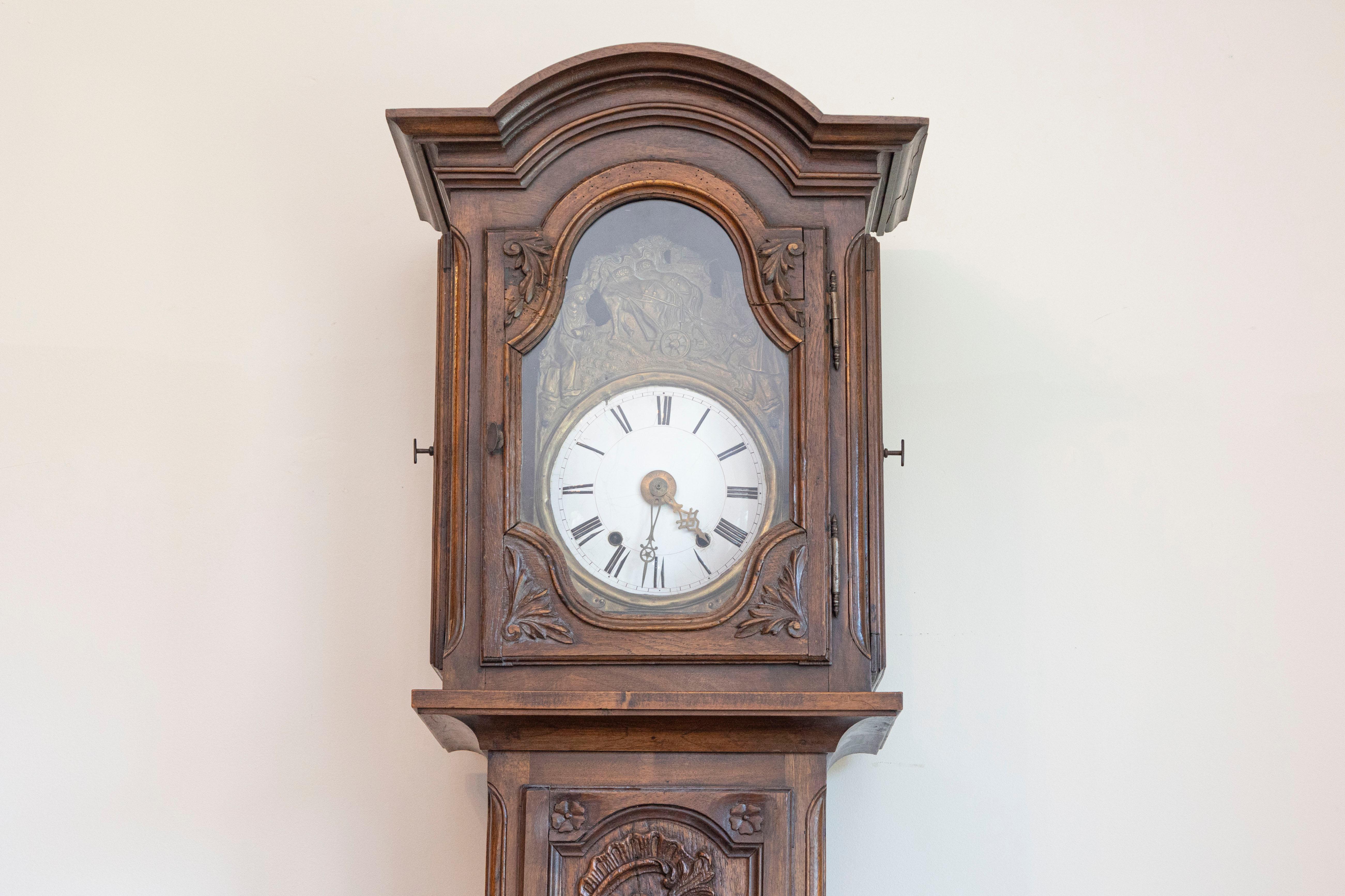 19th Century French Napoléon III Carved Walnut Long Case Clock with Brass Farming Scene For Sale